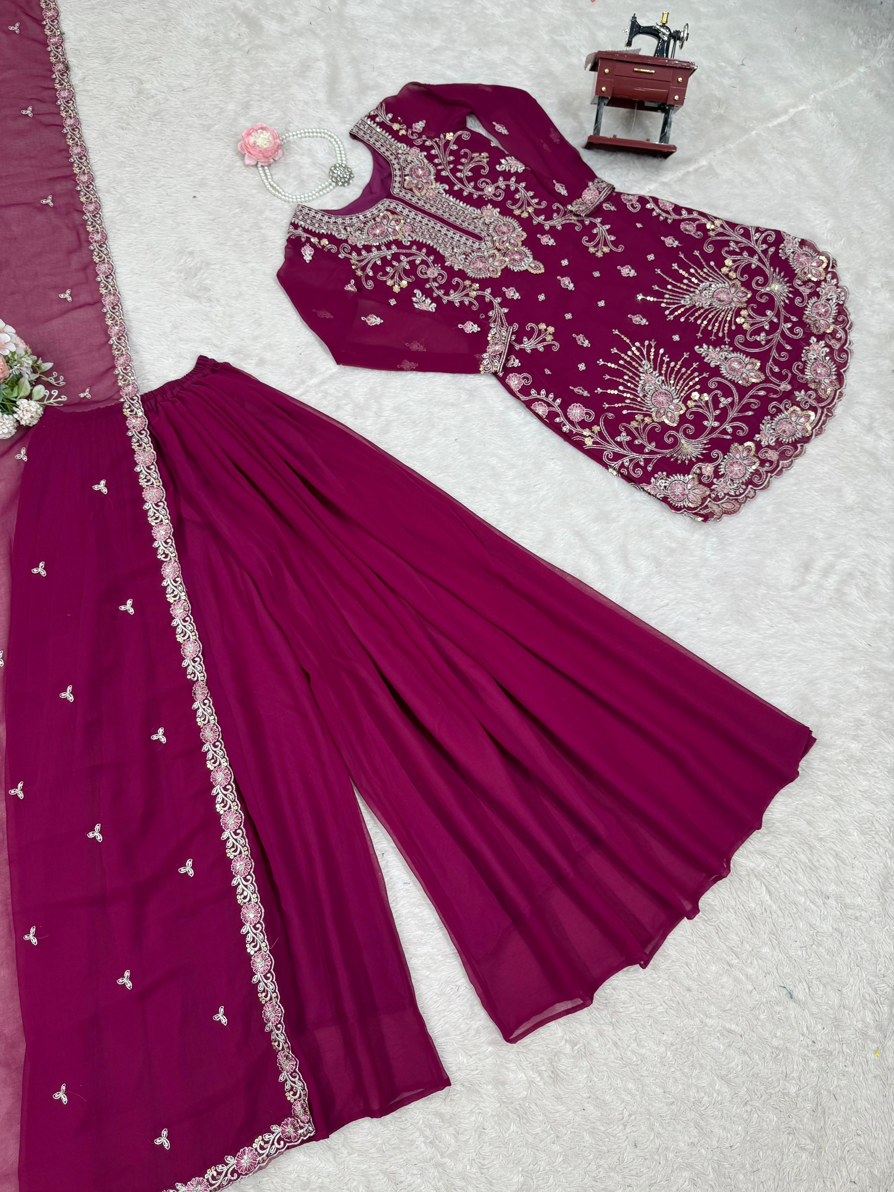 Eyes Catching Georgette Wine Color Sharara Suit