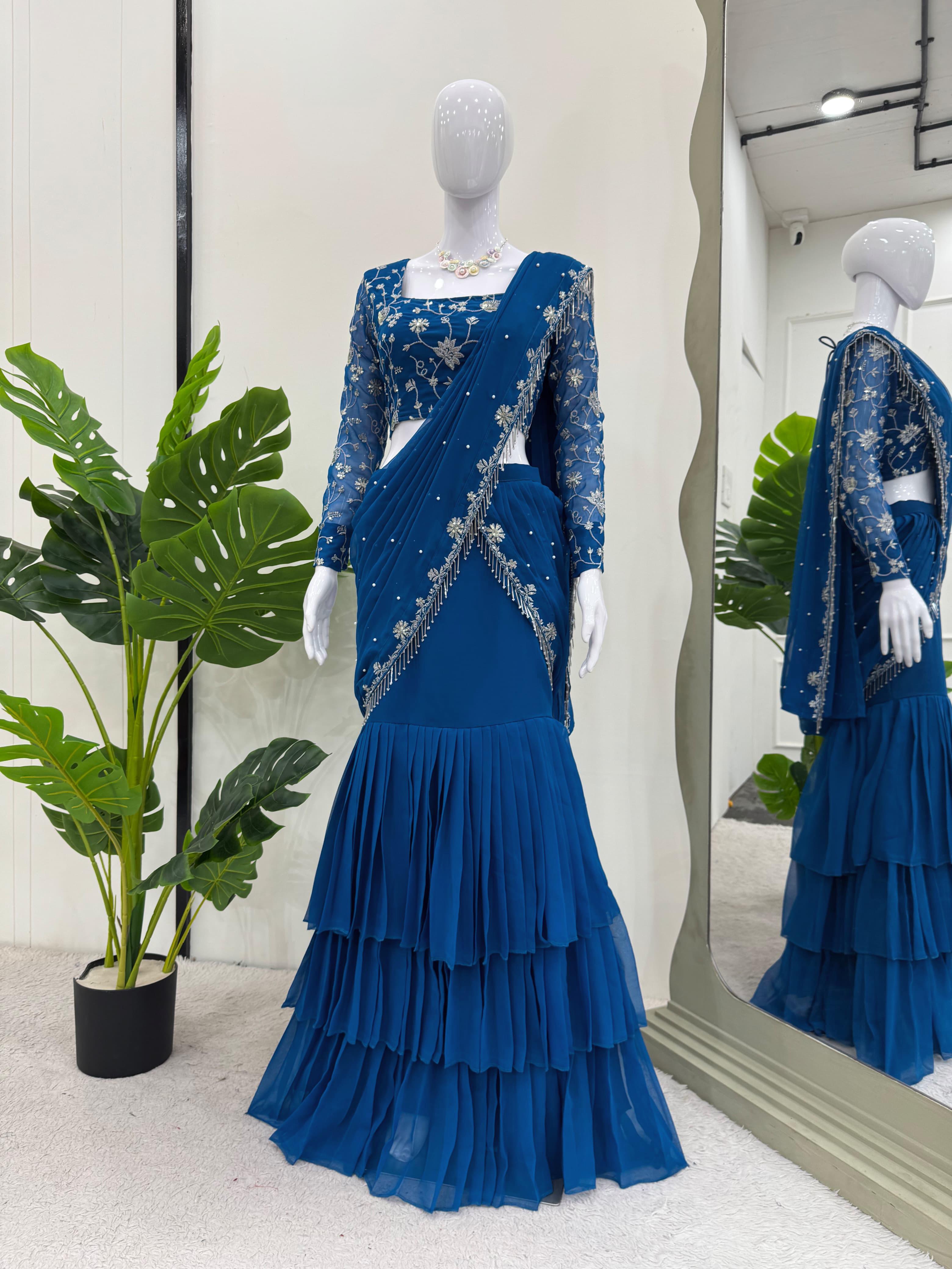 Look Designer Blue Color Sequence Work Lehenga Saree