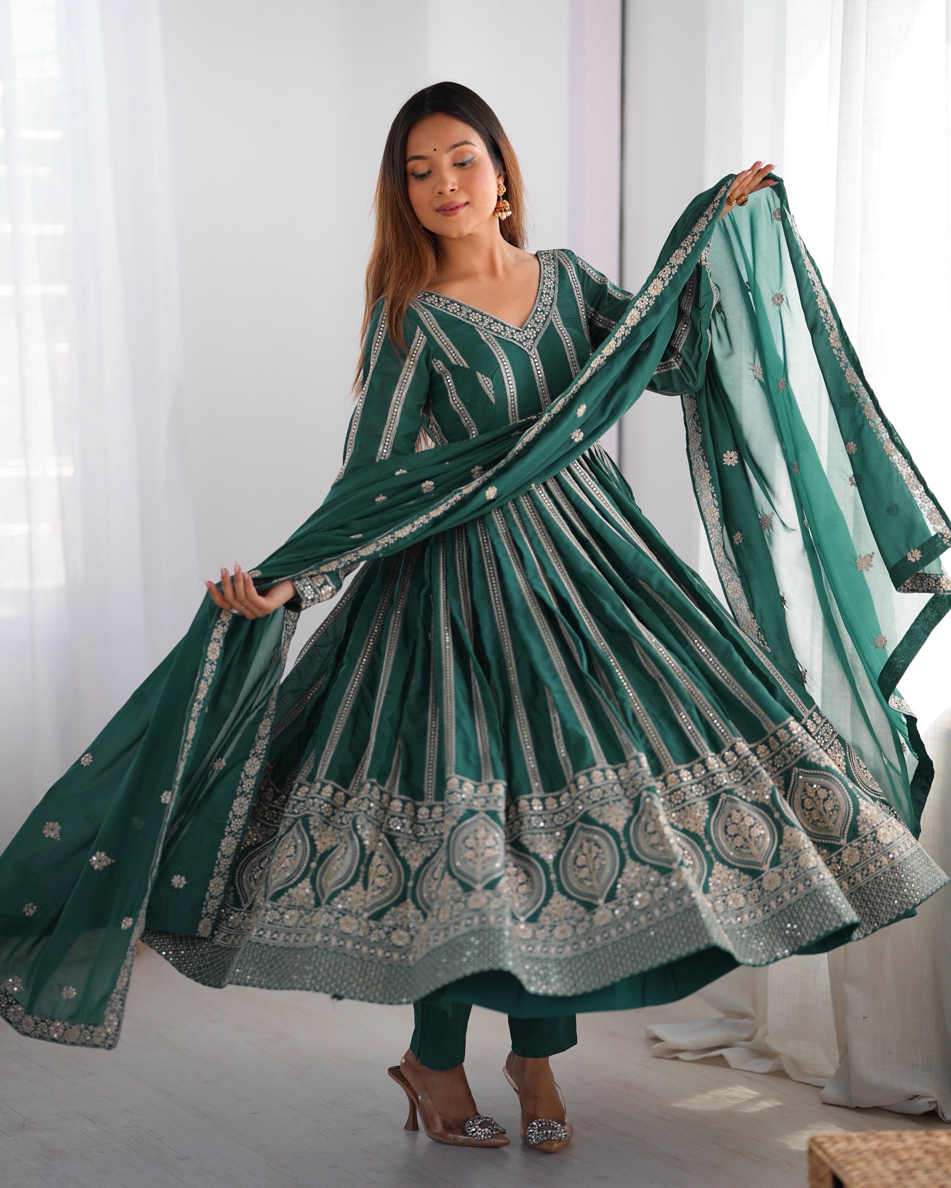 Wonderful Sequence Work Teal Green Color Gown