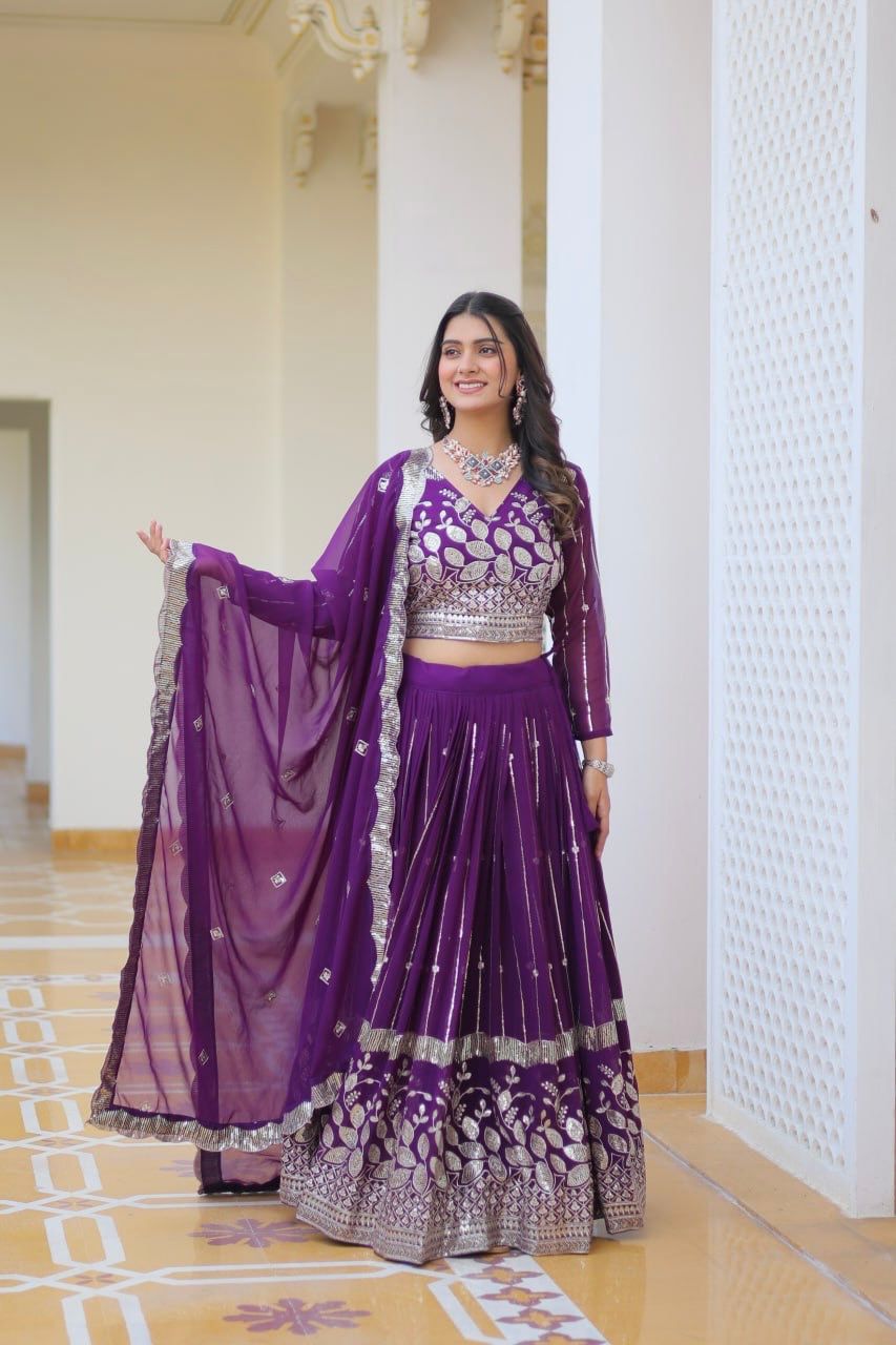 Demanding Embroidery Sequence Work Purple Color Lehenga Choli