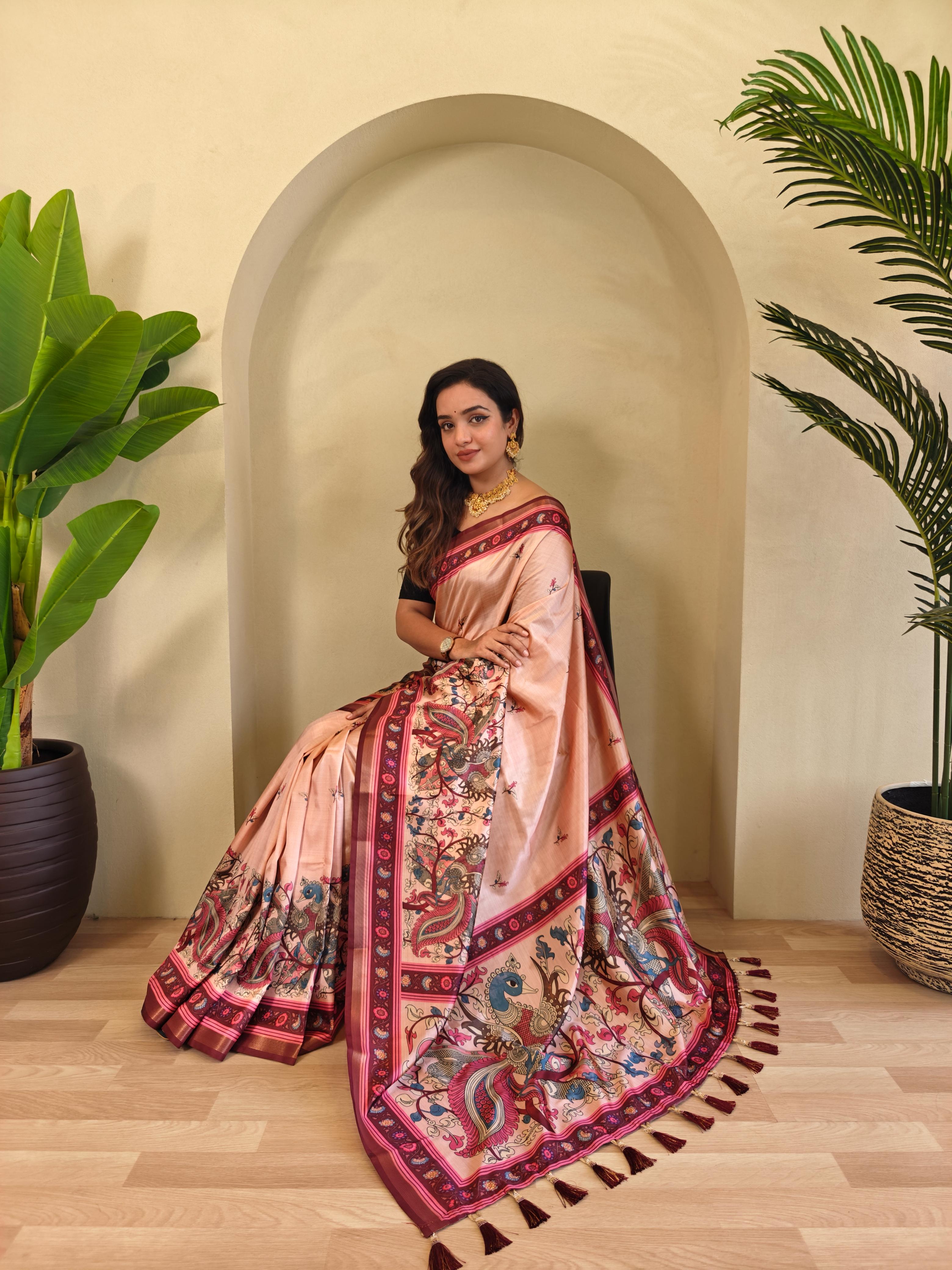 Peach Color Beautiful kalamkari Digital Print Saree