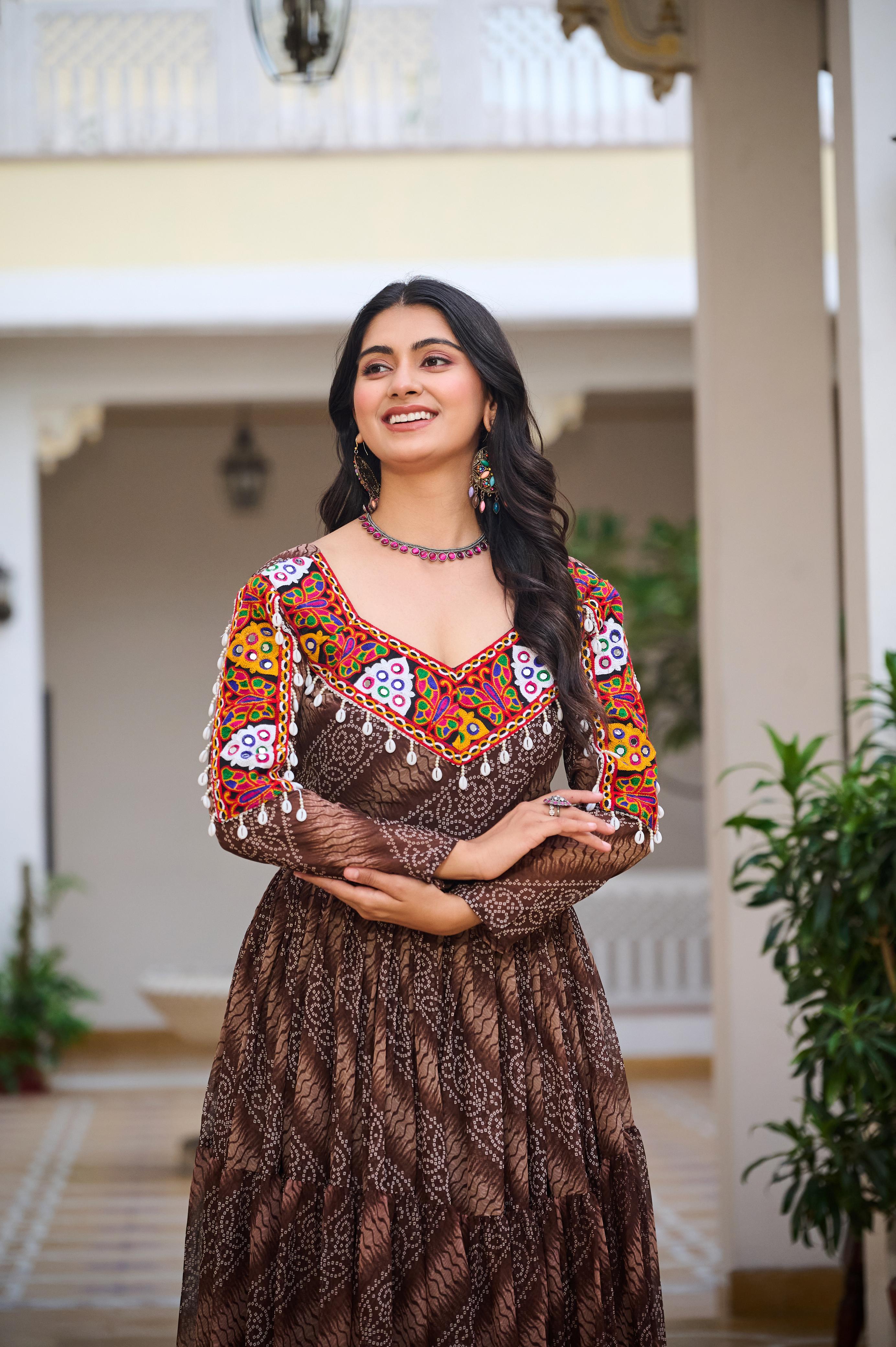 Designer Bandhani Printed Brown Color Navratri Gown