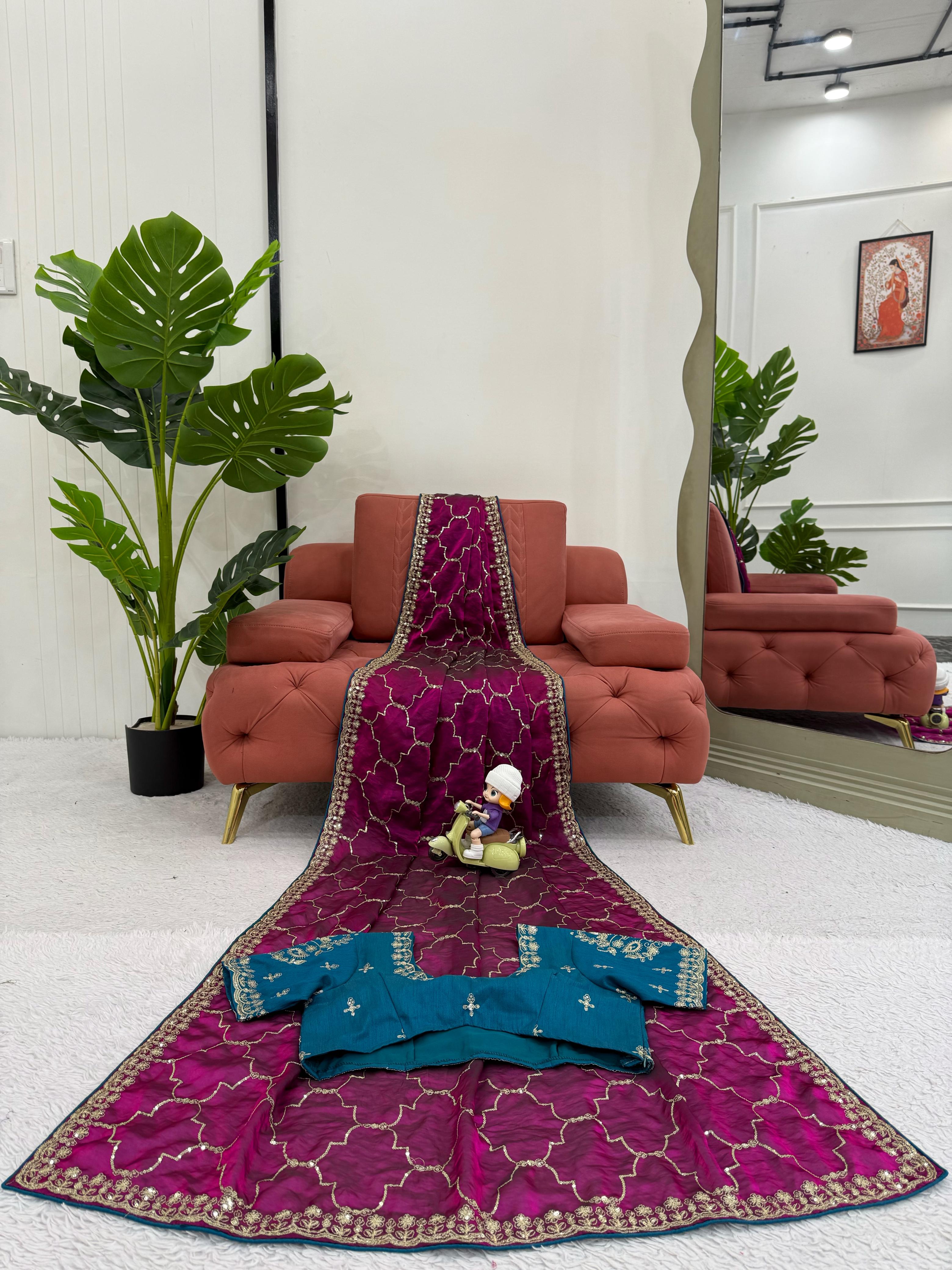 Wine Color Sequence Work Festive Wear Saree