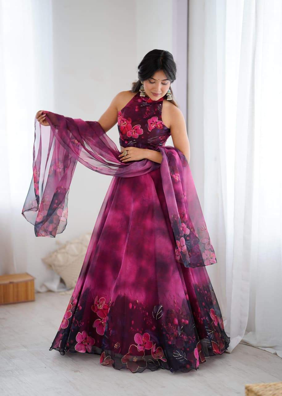 Admiring Pink Color Digital Printed Organza Work Lehenga