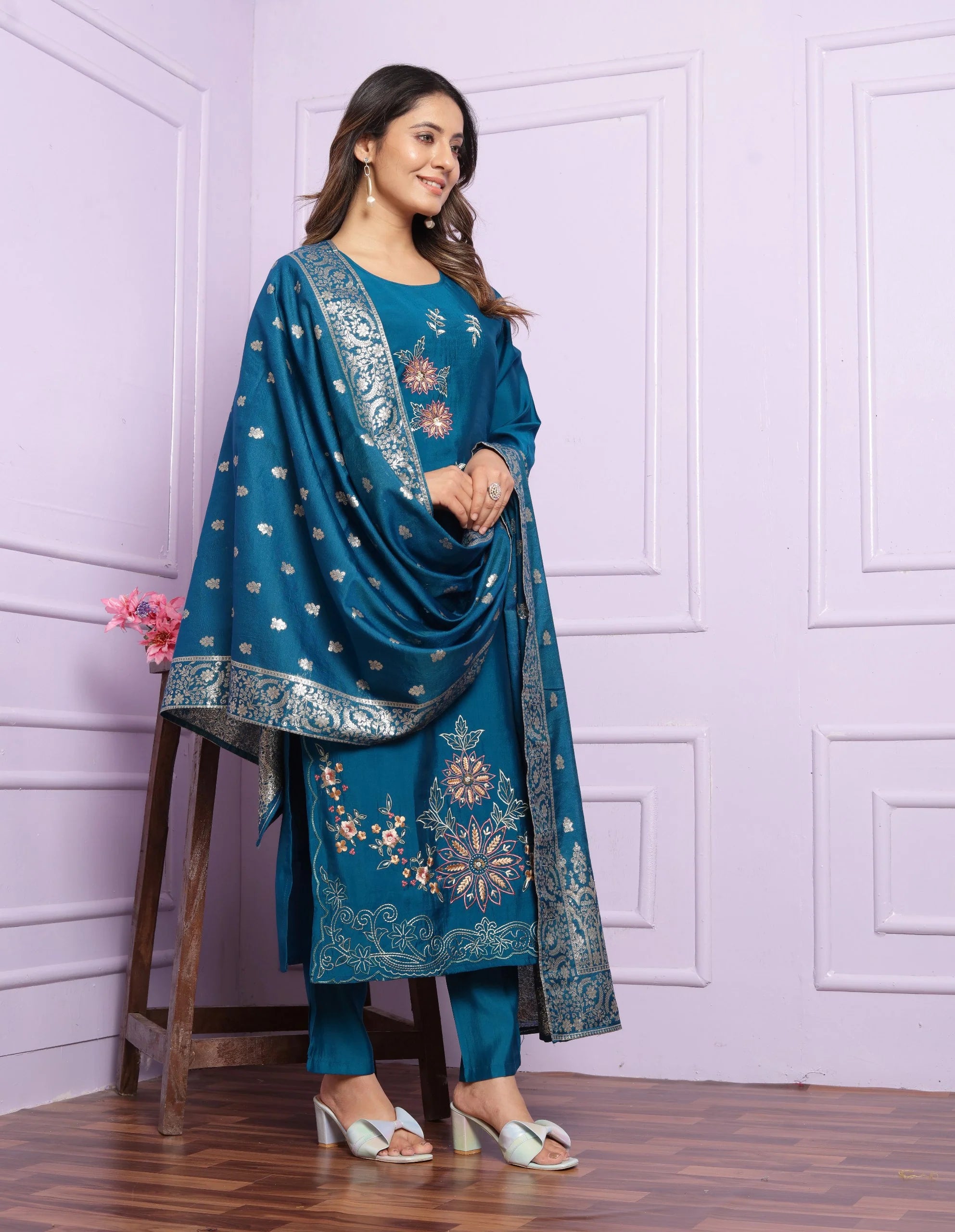 Elegant Rama Russian Silk Salwar Suit With Banarasi Dupatta