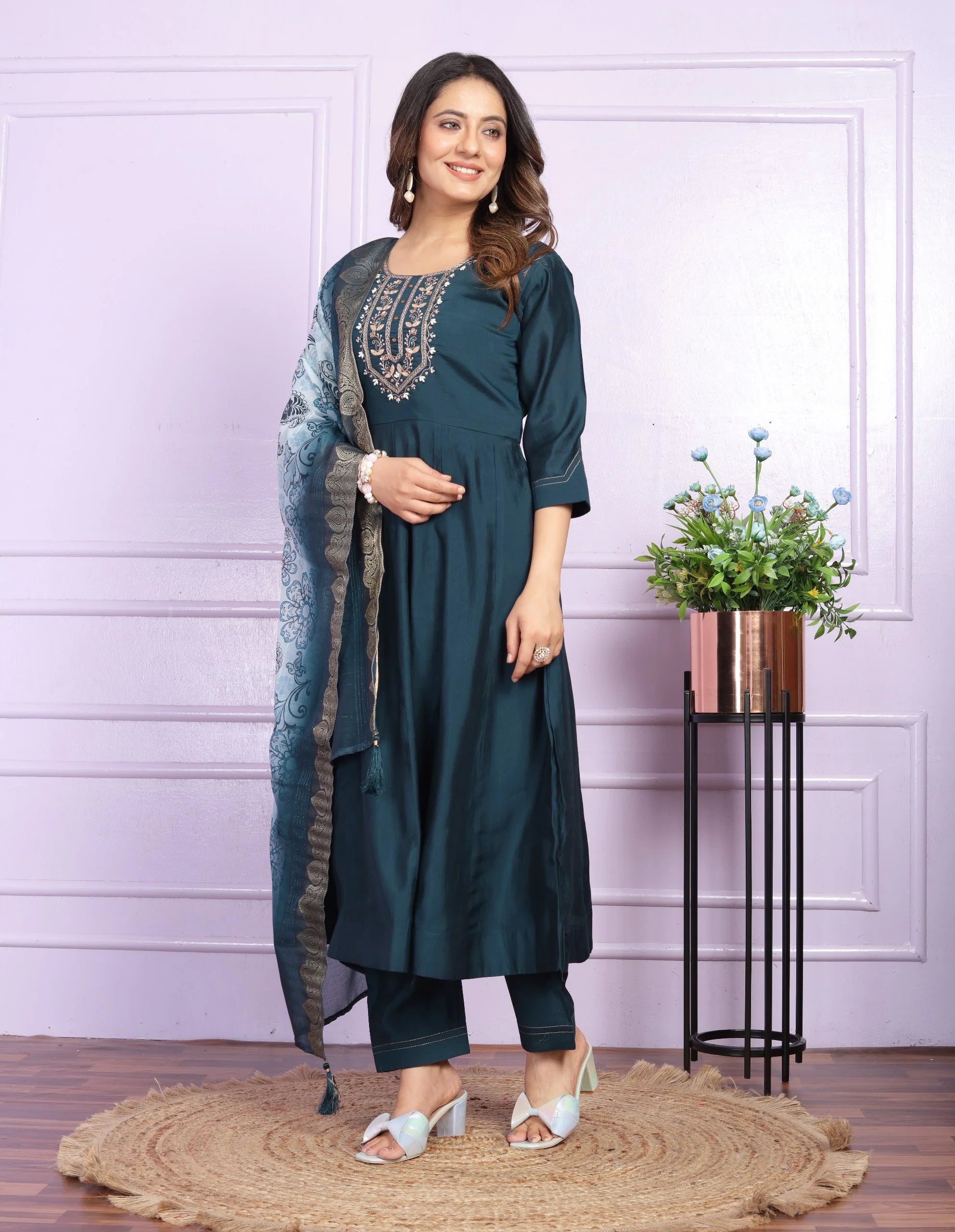 Fantastic Hand Work Navy Blue Round Kurti Anarkali Suit