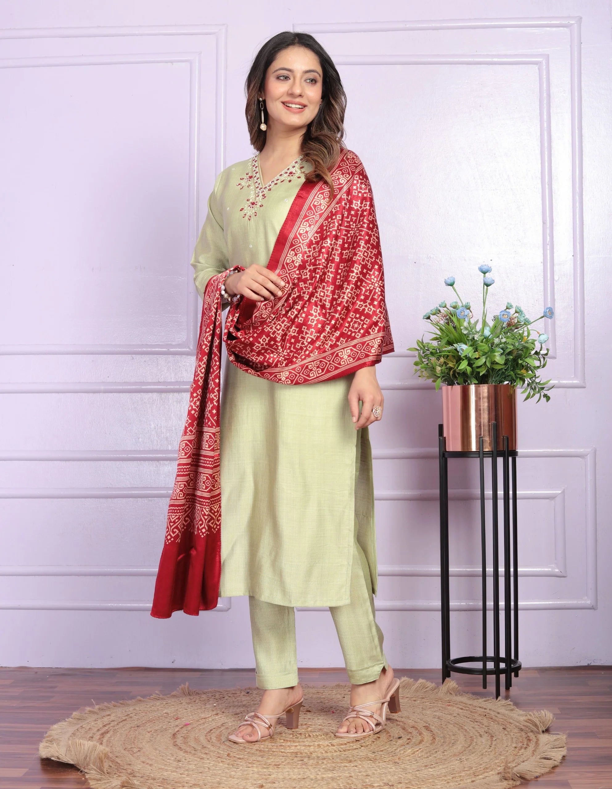 Fantastic Pista Color Soft Silk Straight Kurti Set With Silk Dupatta