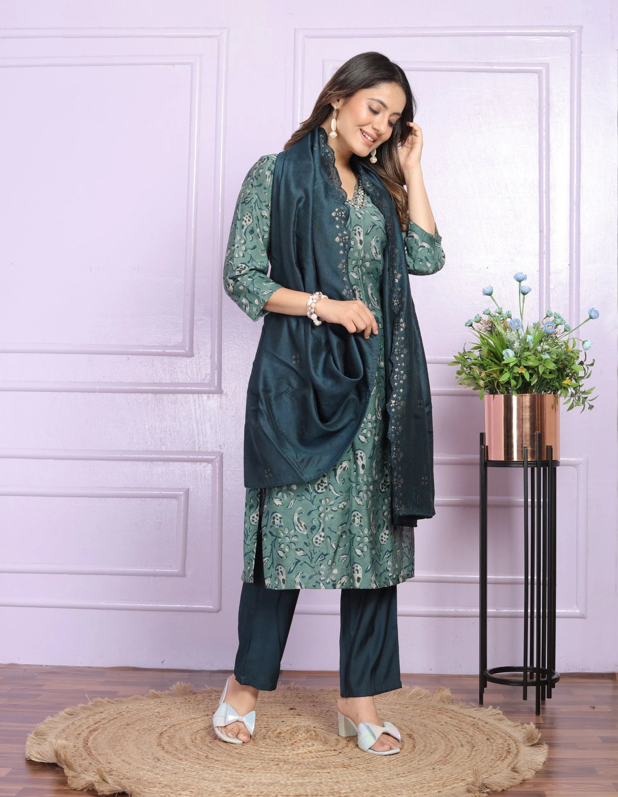 Casual Wear Teal Green Color V Neck Salwar Suit