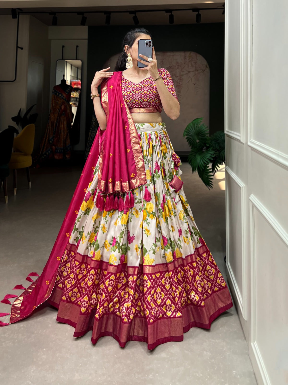 Glimmering  Red Color Floral And Patola Print With Foil Work Lehenga Choli