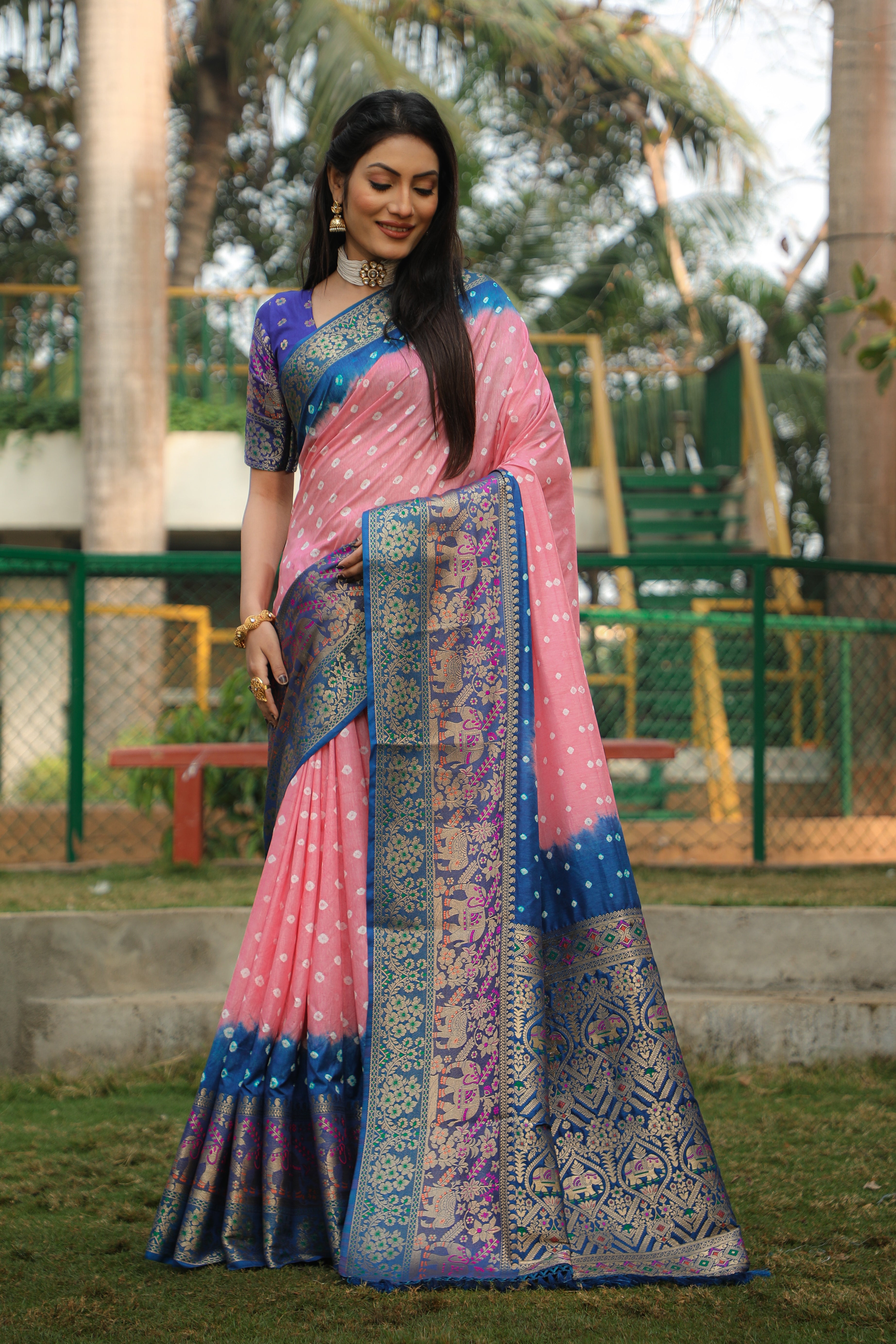 Bandhani Print Blue With Peach Zari Weaving Silk Saree