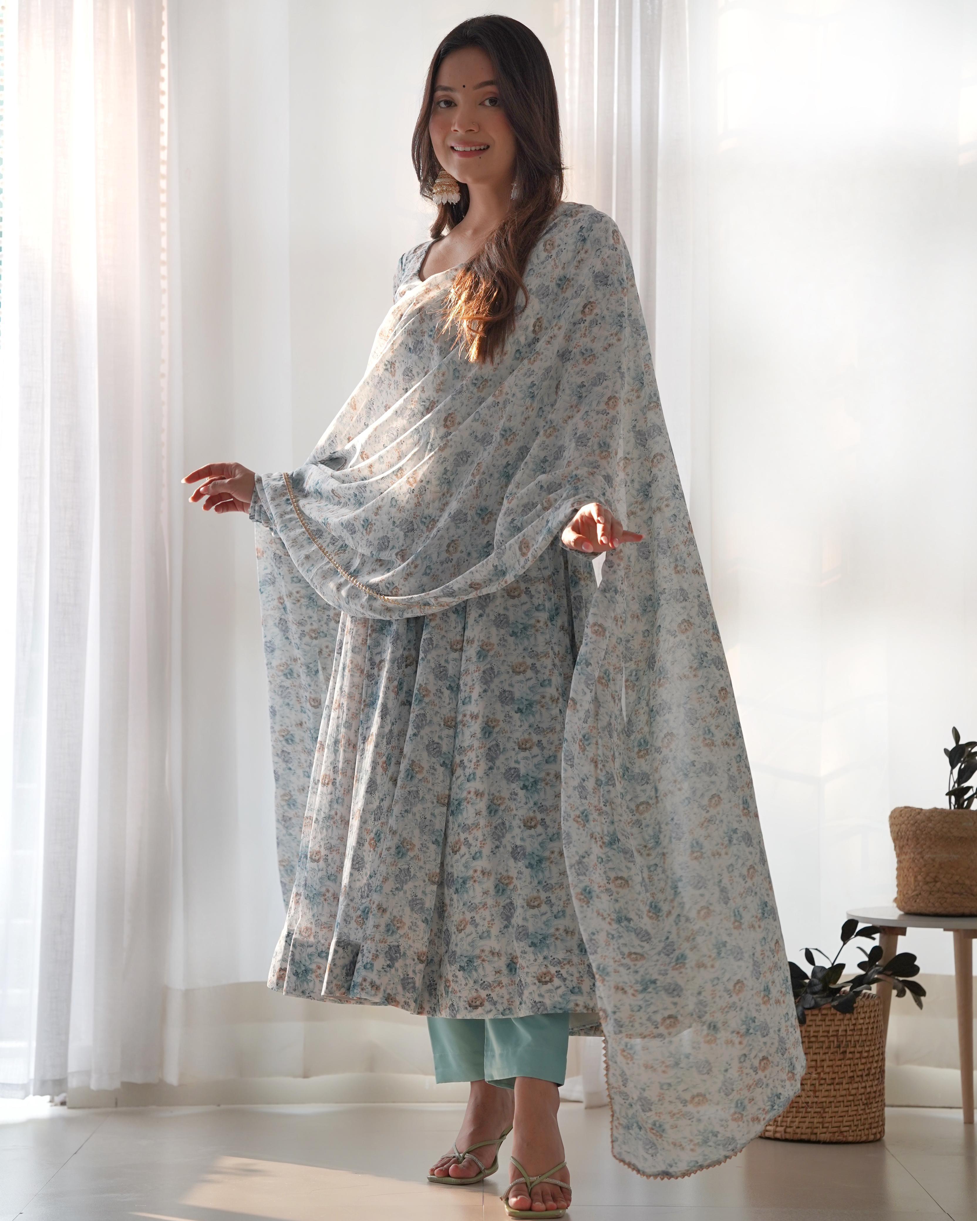 Trendy Orange Flower Print Sky Blue Color Anarkali Suit