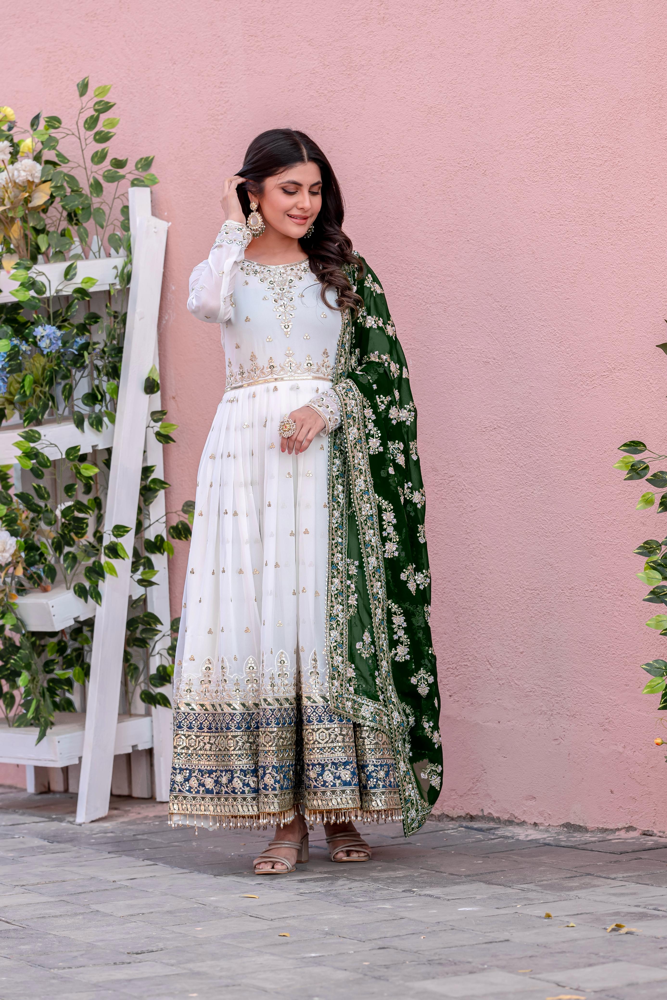 Glorious Georgette White Color Gown With Green Dupatta