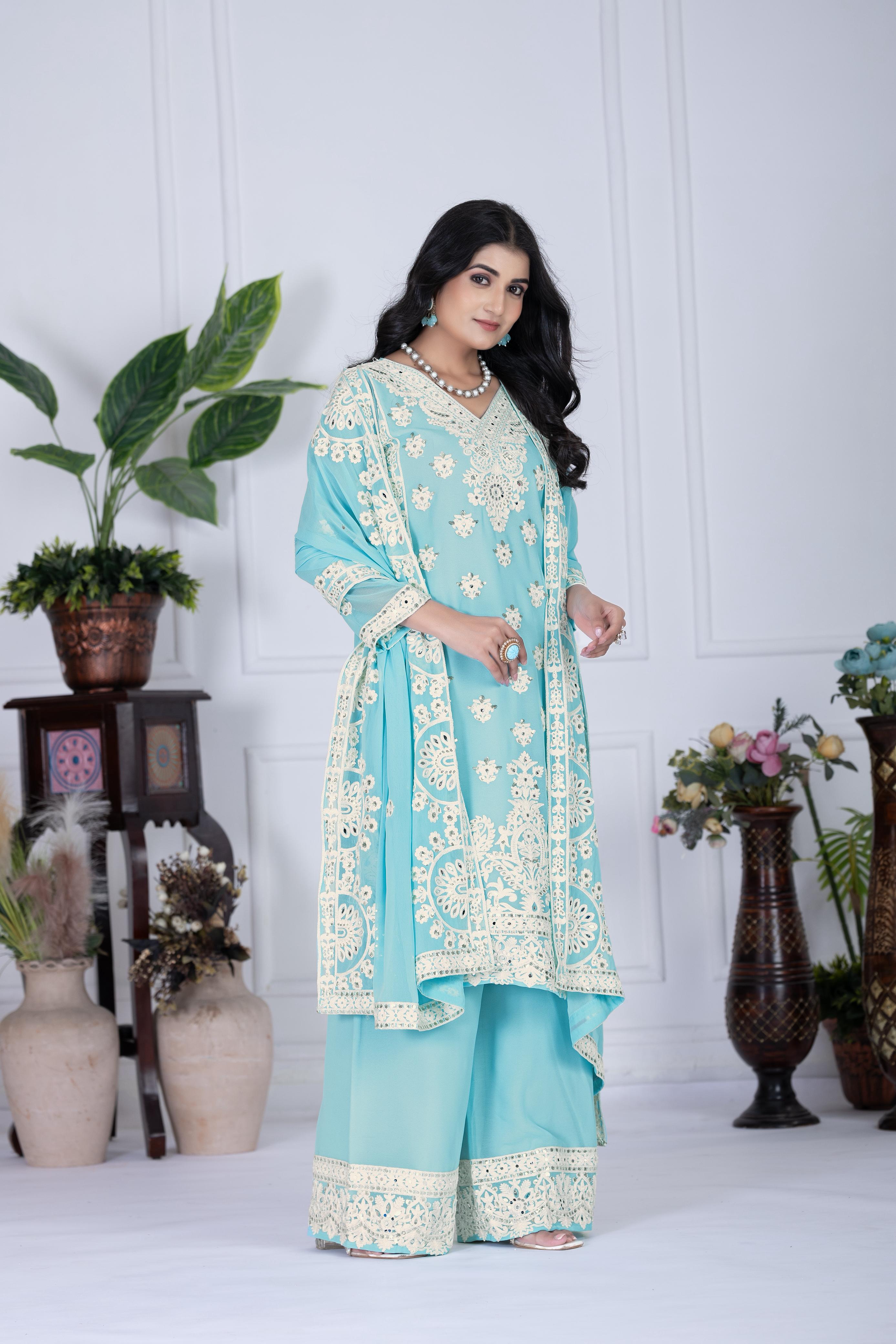 Embroidered Sky Blue Color Attractive Palazzo Suit Set
