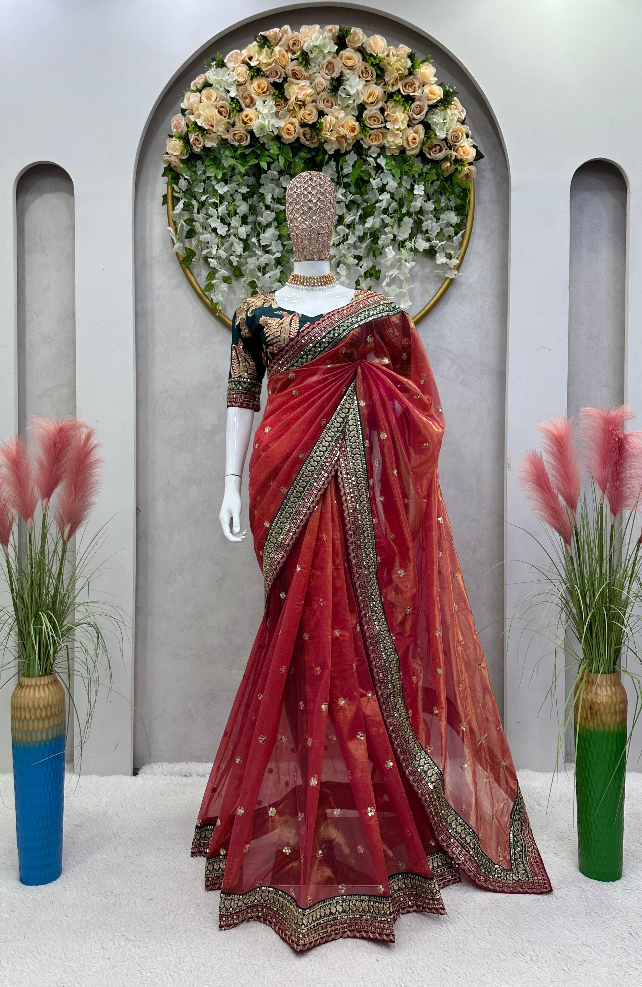 Occasion Wear Twill Net Orange Color Saree