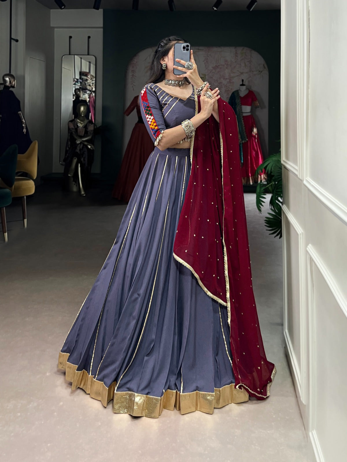 Gray Color Gotta Patti Touch Navratri Lehenga Choli Set