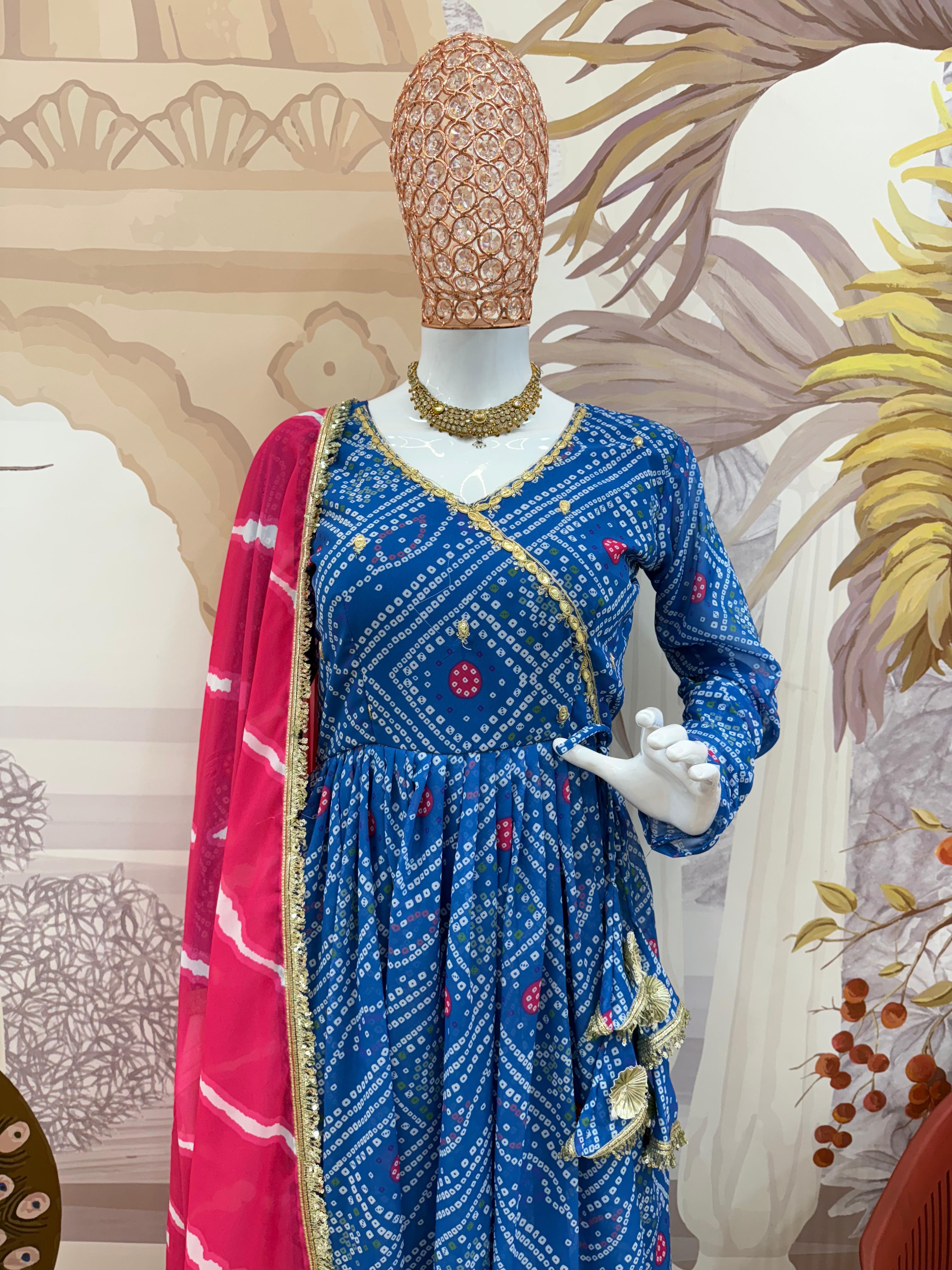 Admiring Blue Georgette Embroidery Work Gown