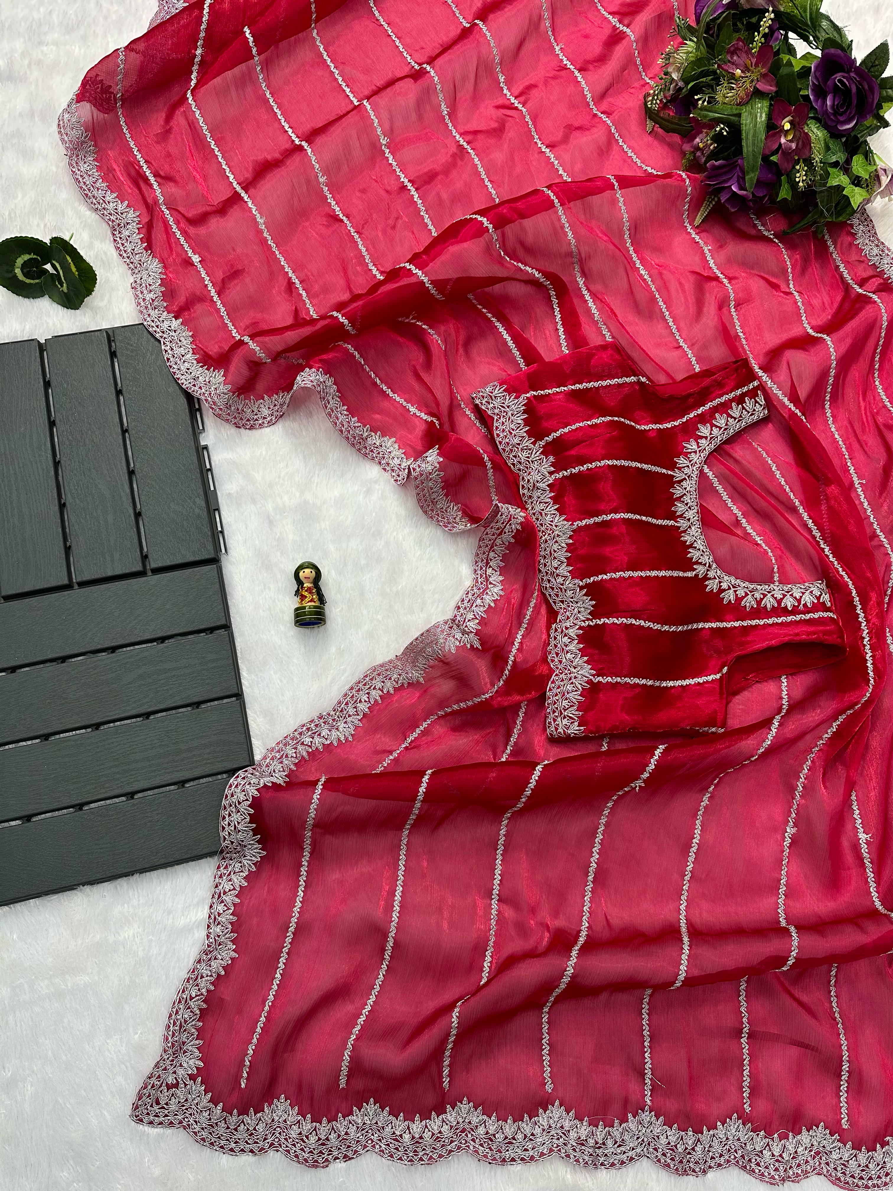 Peaceful Embroidery Zari Work Red Color Saree