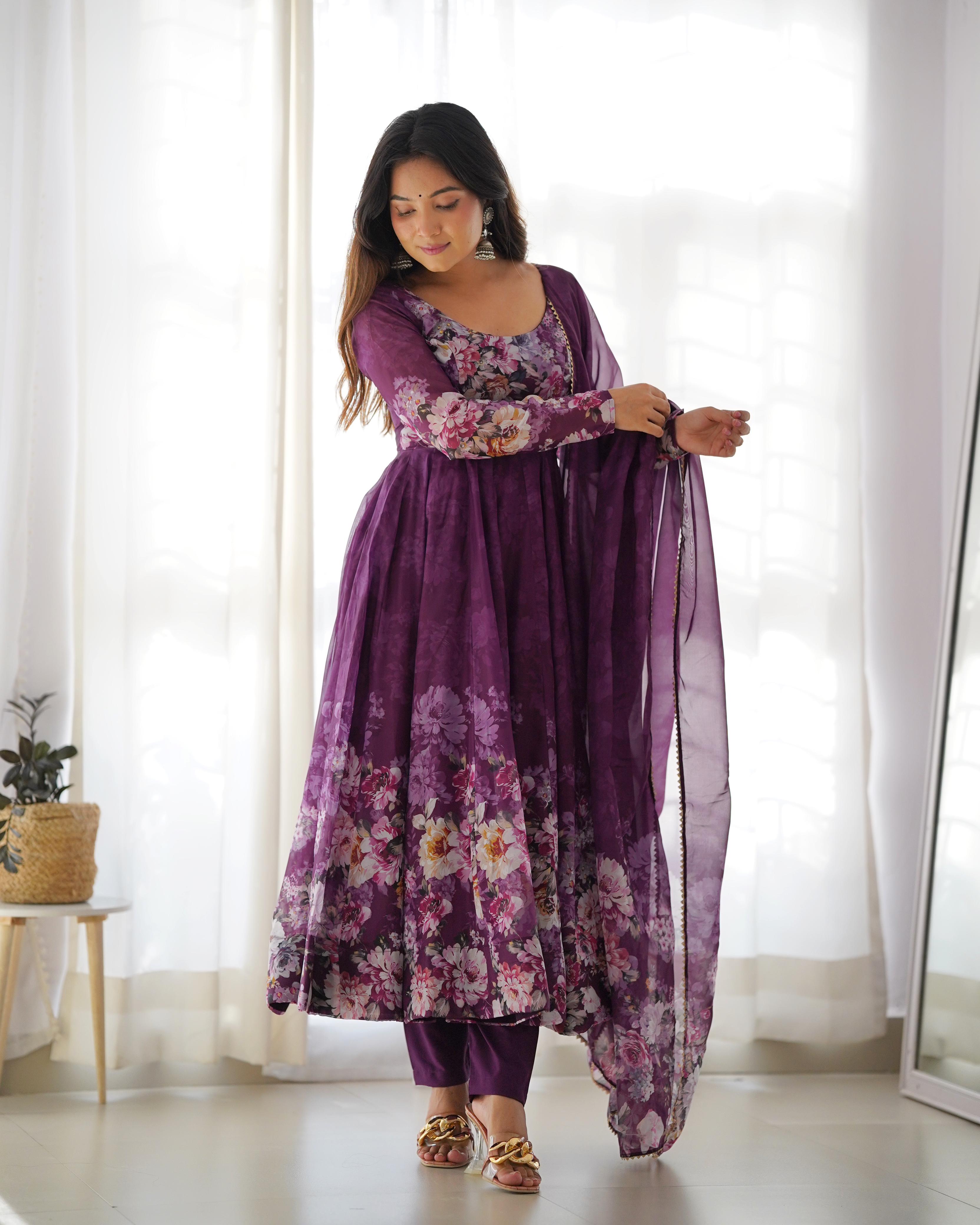 Casual Wear Multi Flower Print Wine Color Anarkali Suit