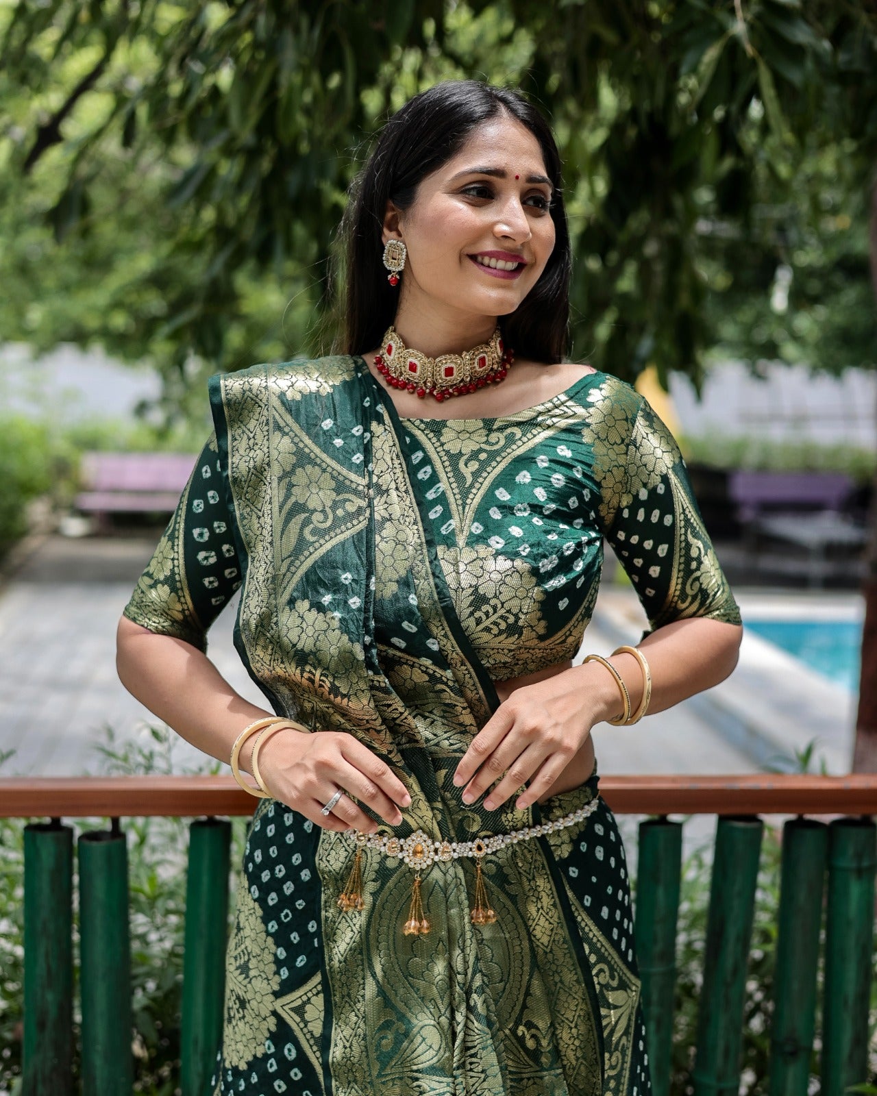 Trendy Zari Weaving Border Green Color Pure Bandhani Saree