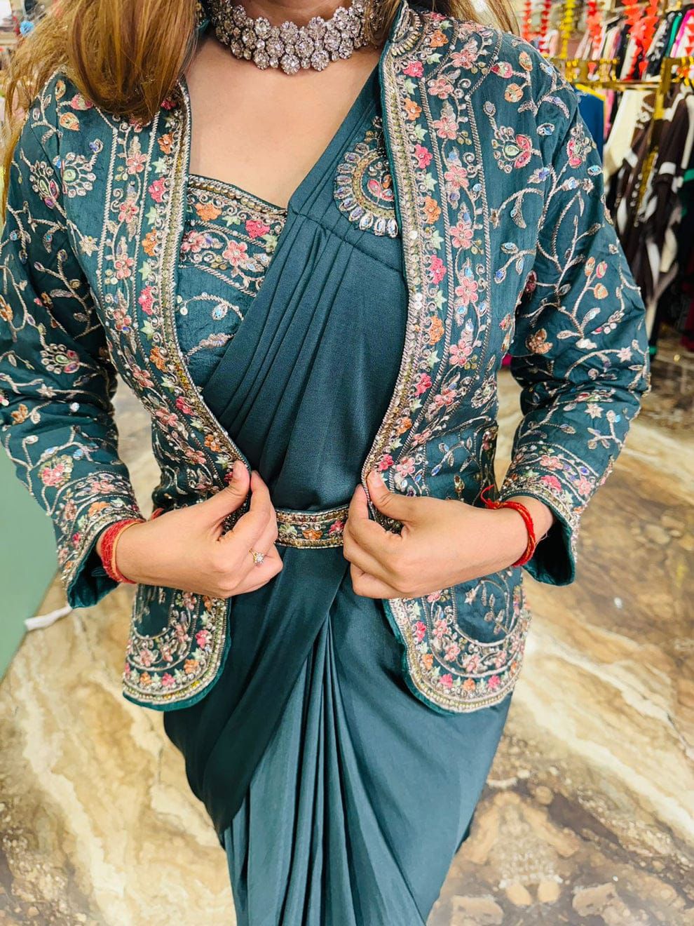 Wedding Wear Rangoli Silk Teal Blue Color Saree With Koti