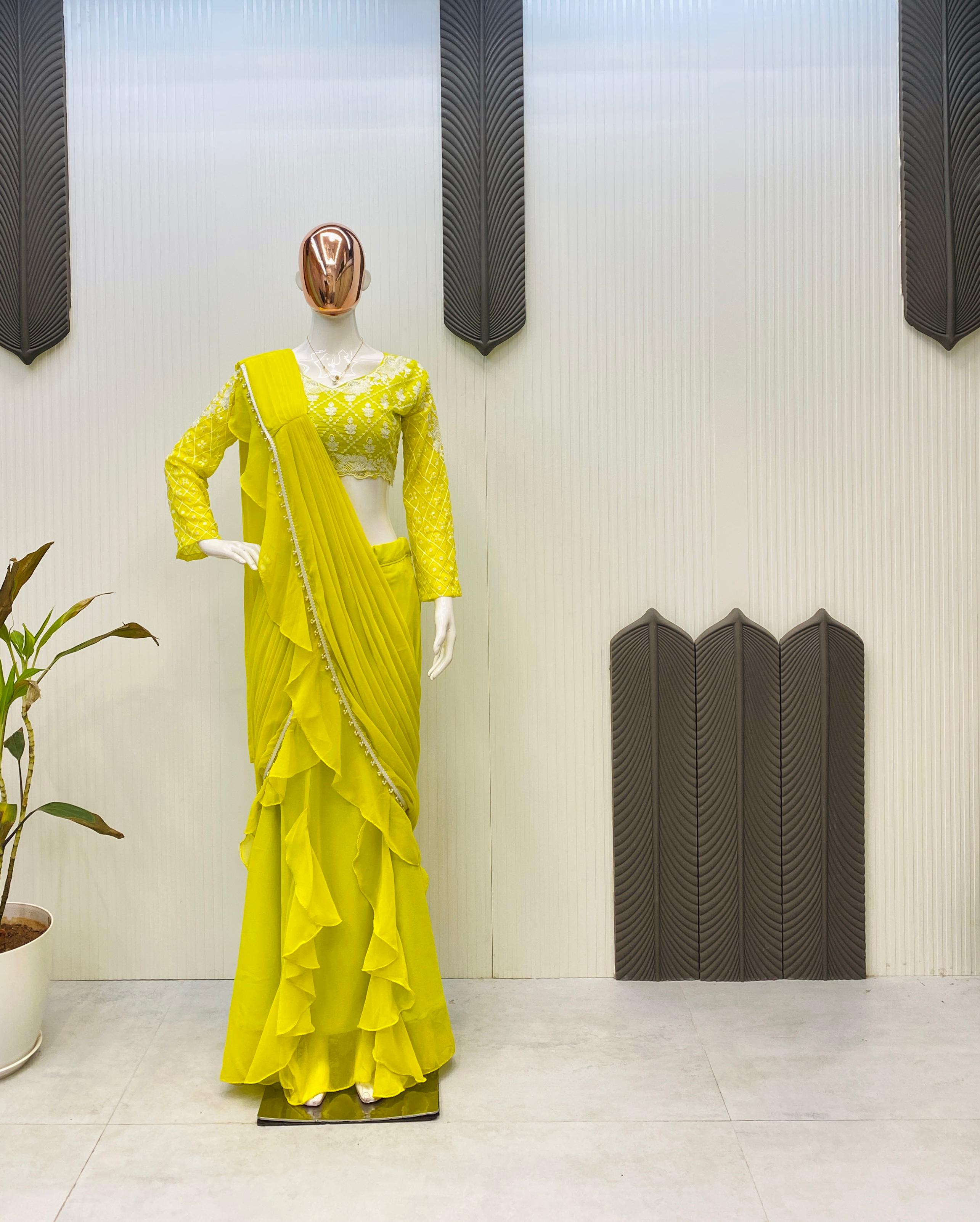 Beautiful Lemon Color Ready To Wear Lehenga Saree