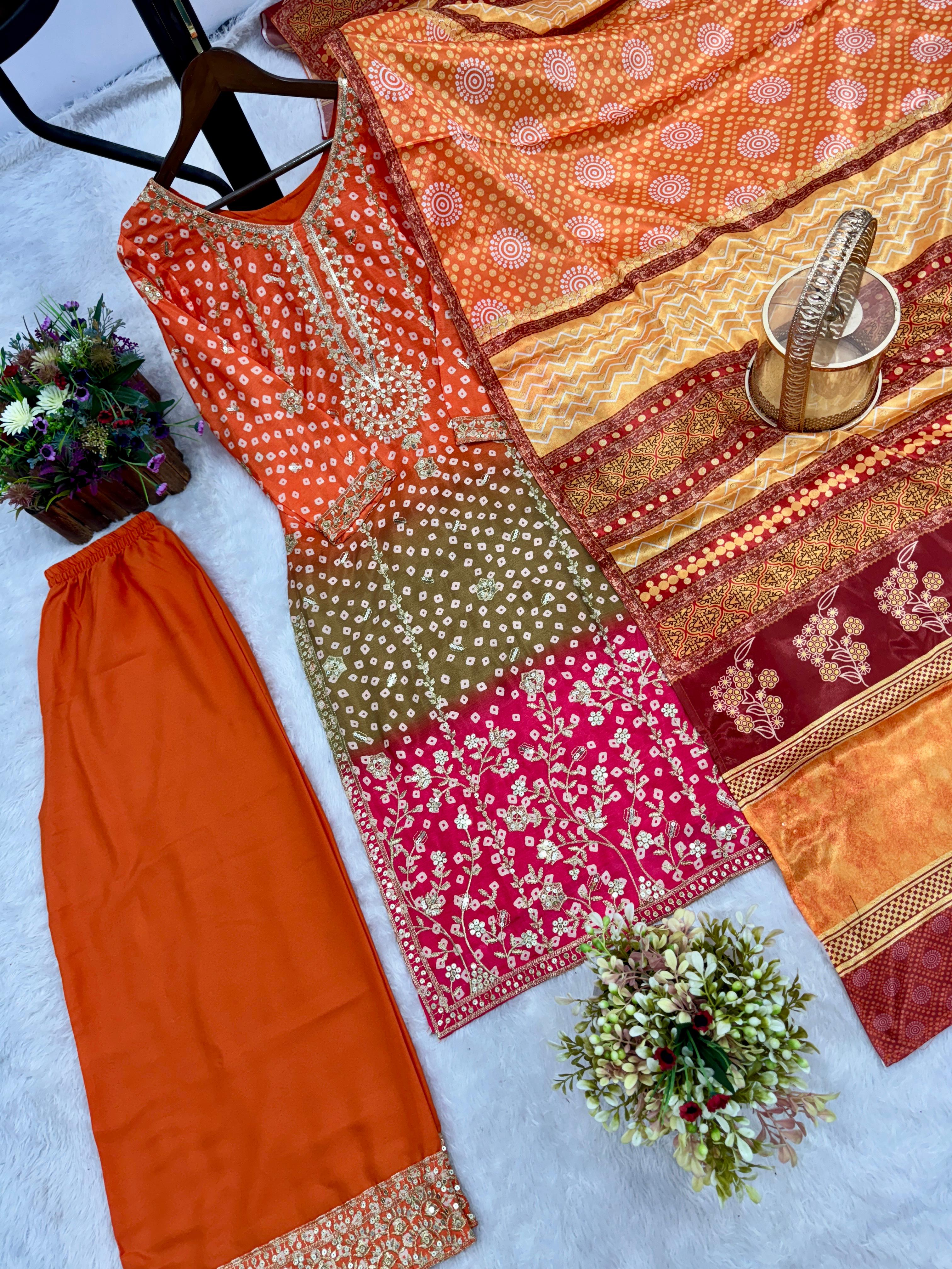 Bandhni Print With Sequence Work Multicolor Palazzo Suit
