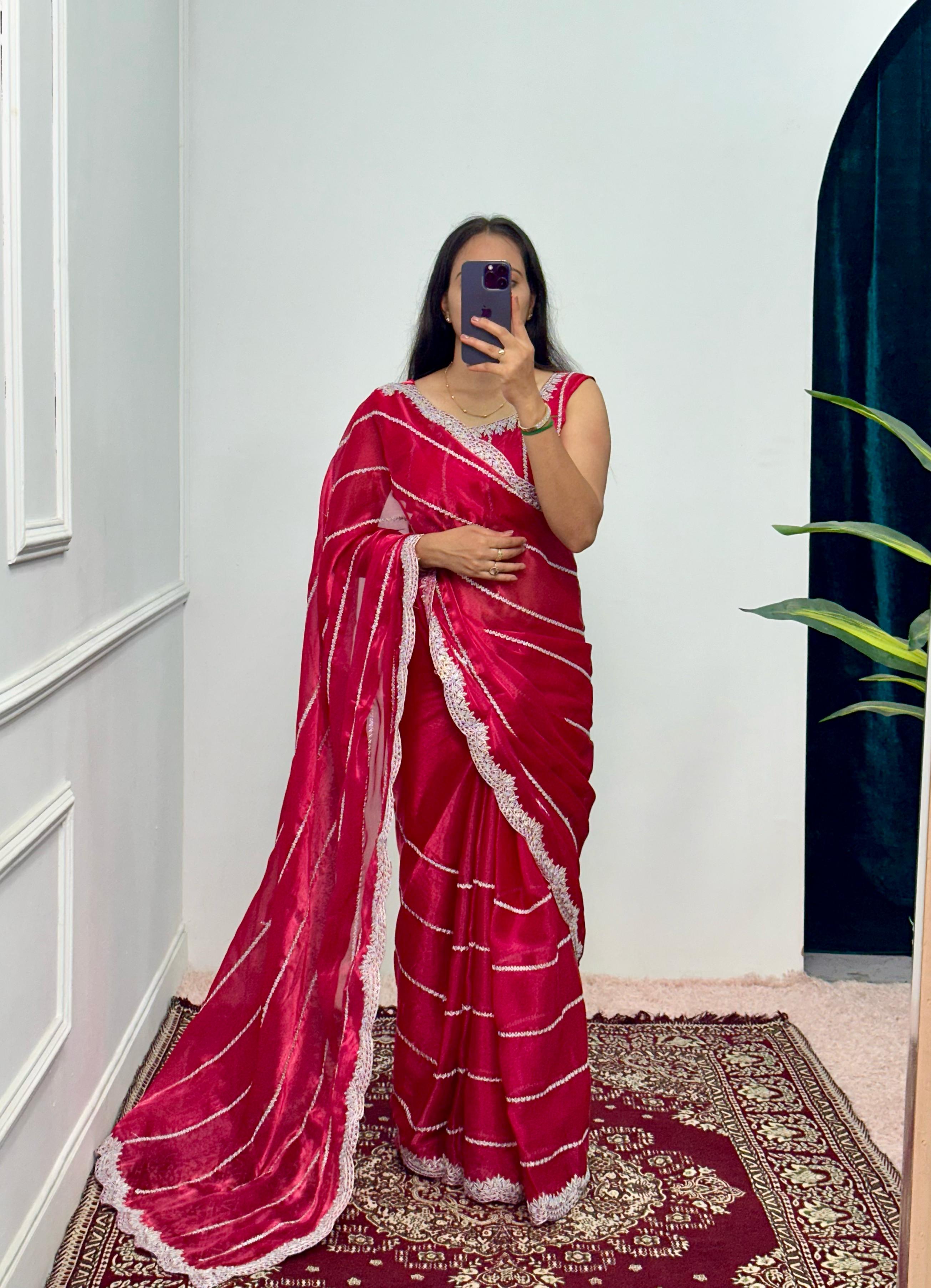 Peaceful Embroidery Zari Work Red Color Saree
