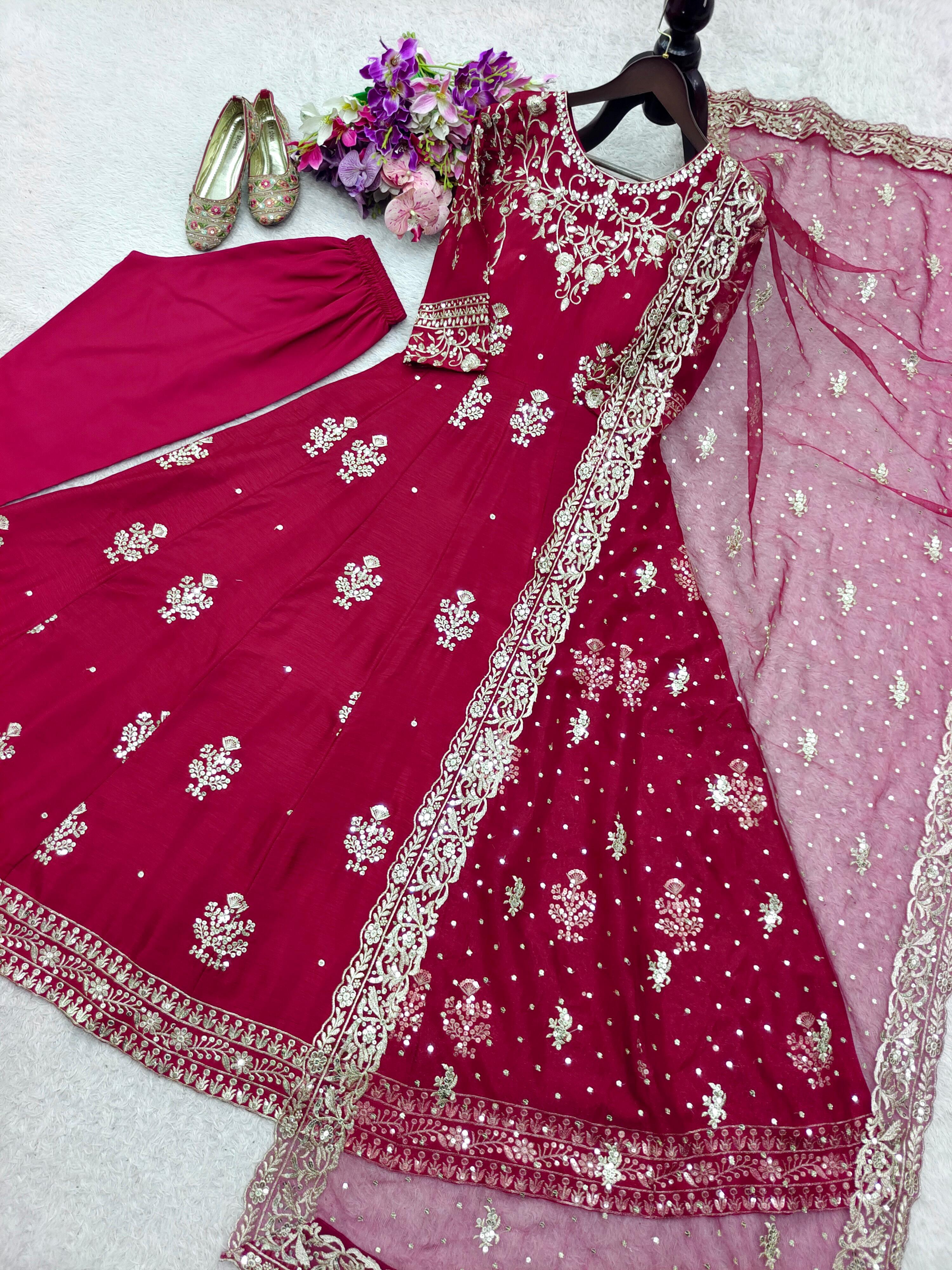 Awesome Pink Color Sequence Work Gown