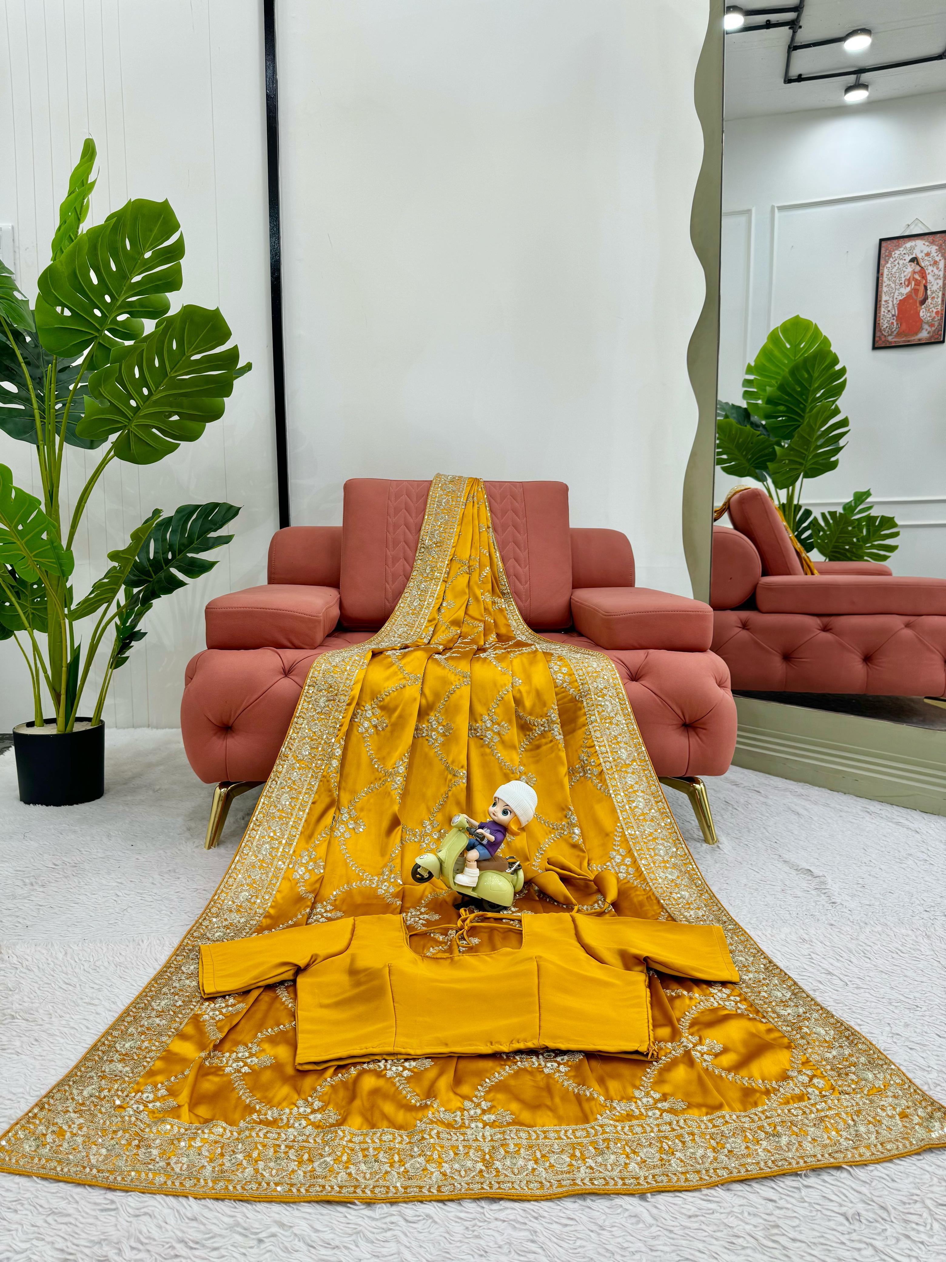 Superhit Satin Silk Yellow Color Saree