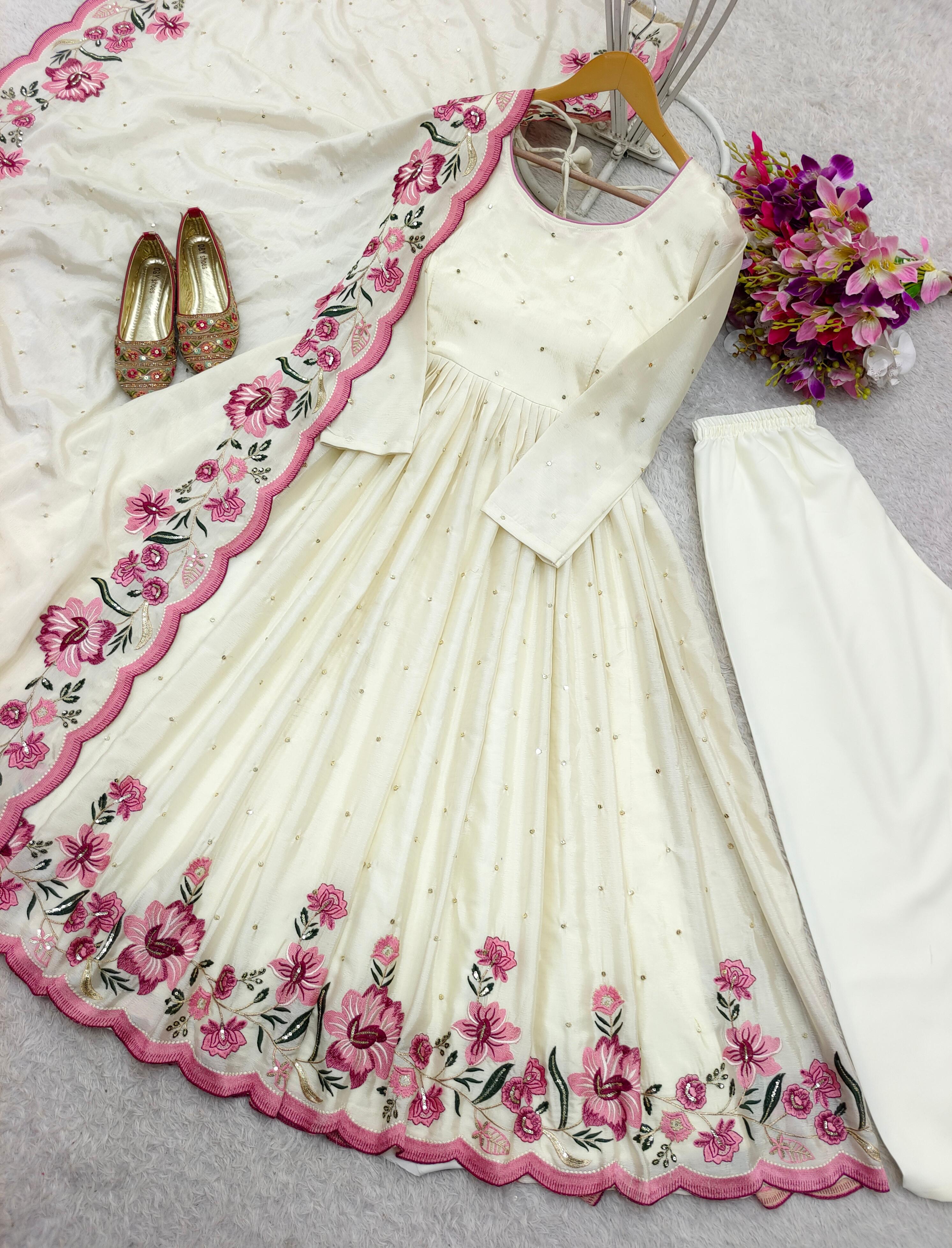 Chinon Silk White Color Festive Wear Gown