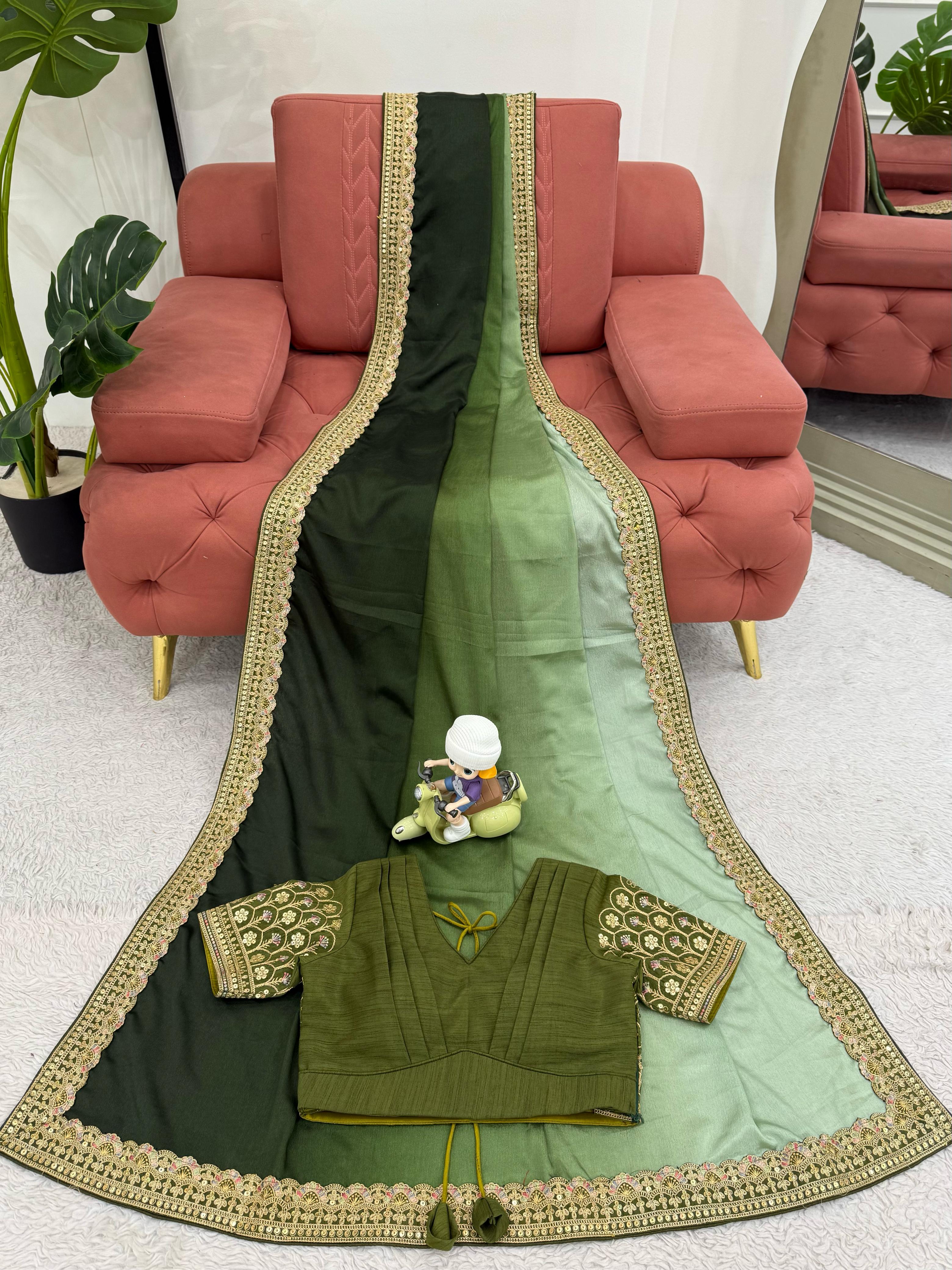 Beautiful Sequence Lace work Mehndi Double Shaded Saree