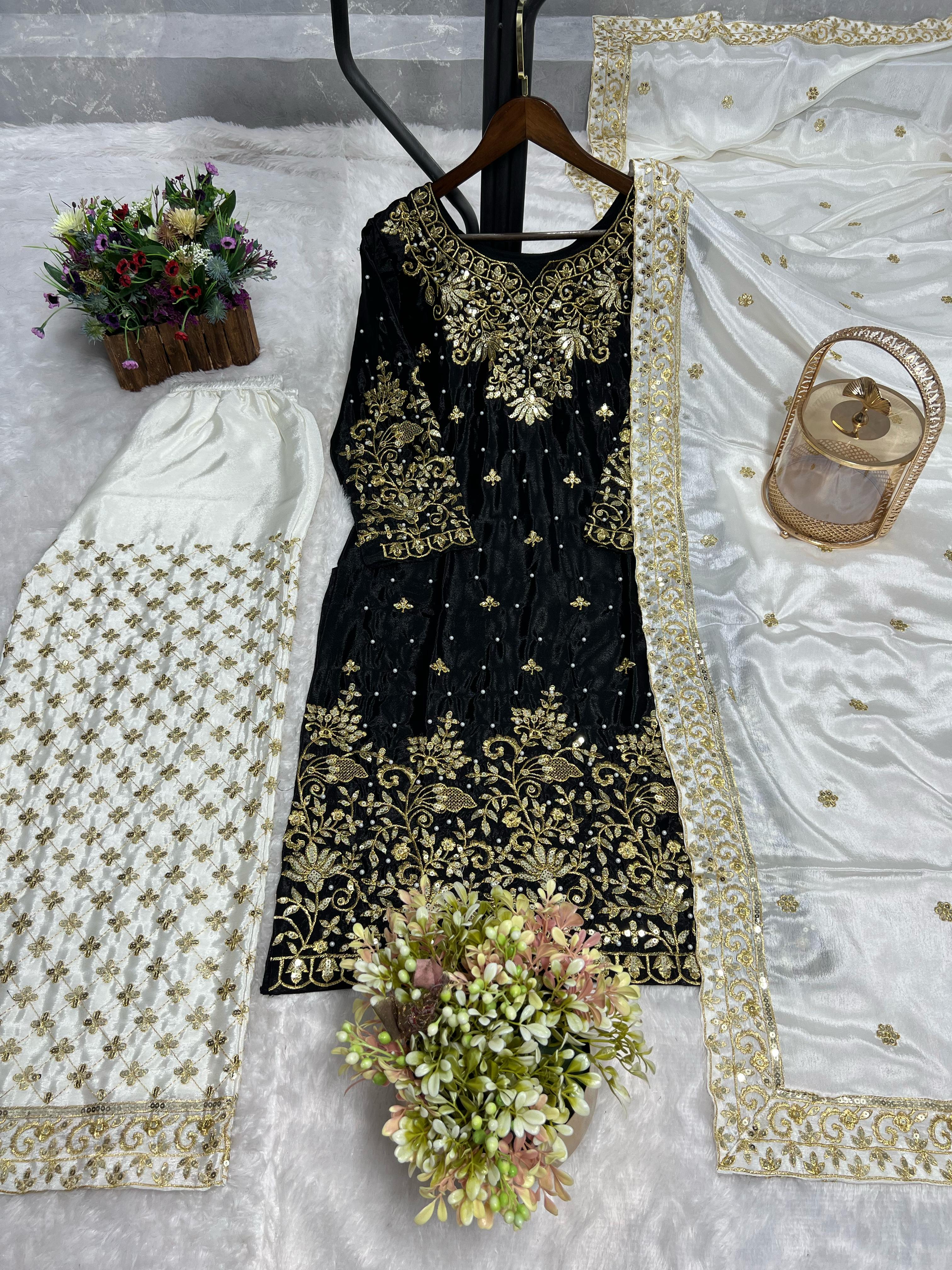 Decent Chinon Silk Black Color Palazzo Suit