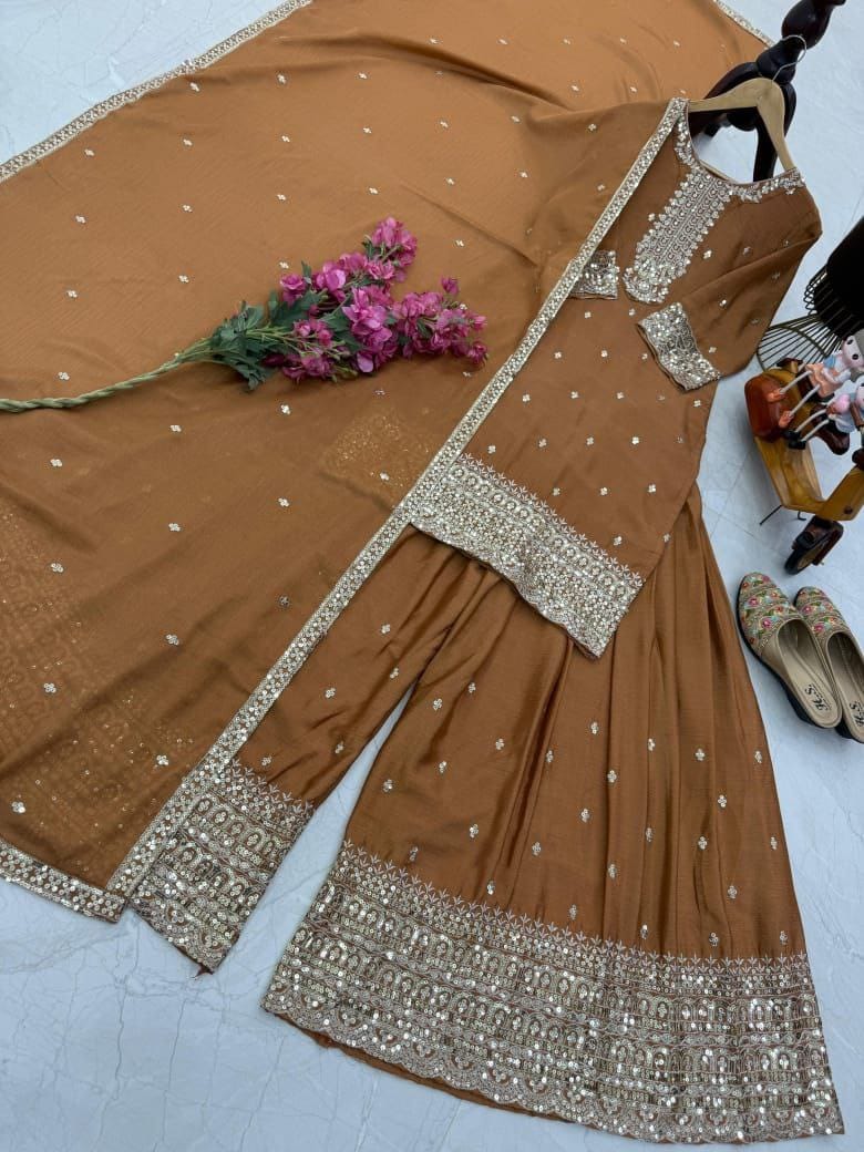 Brown Color Heavy Work Chinon Silk Palazzo Suit