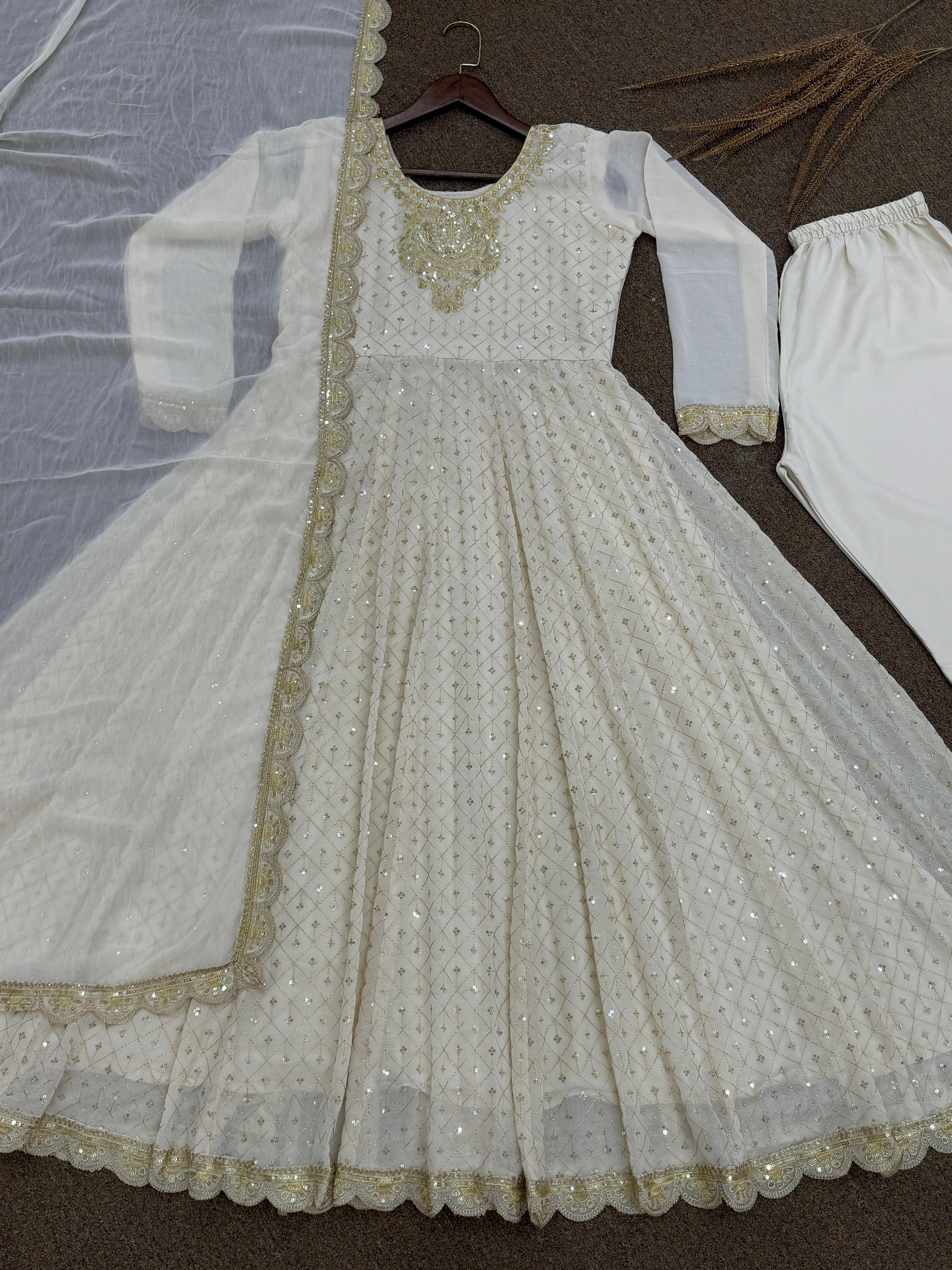 Alluring White Georgette Embroidery Work Gown