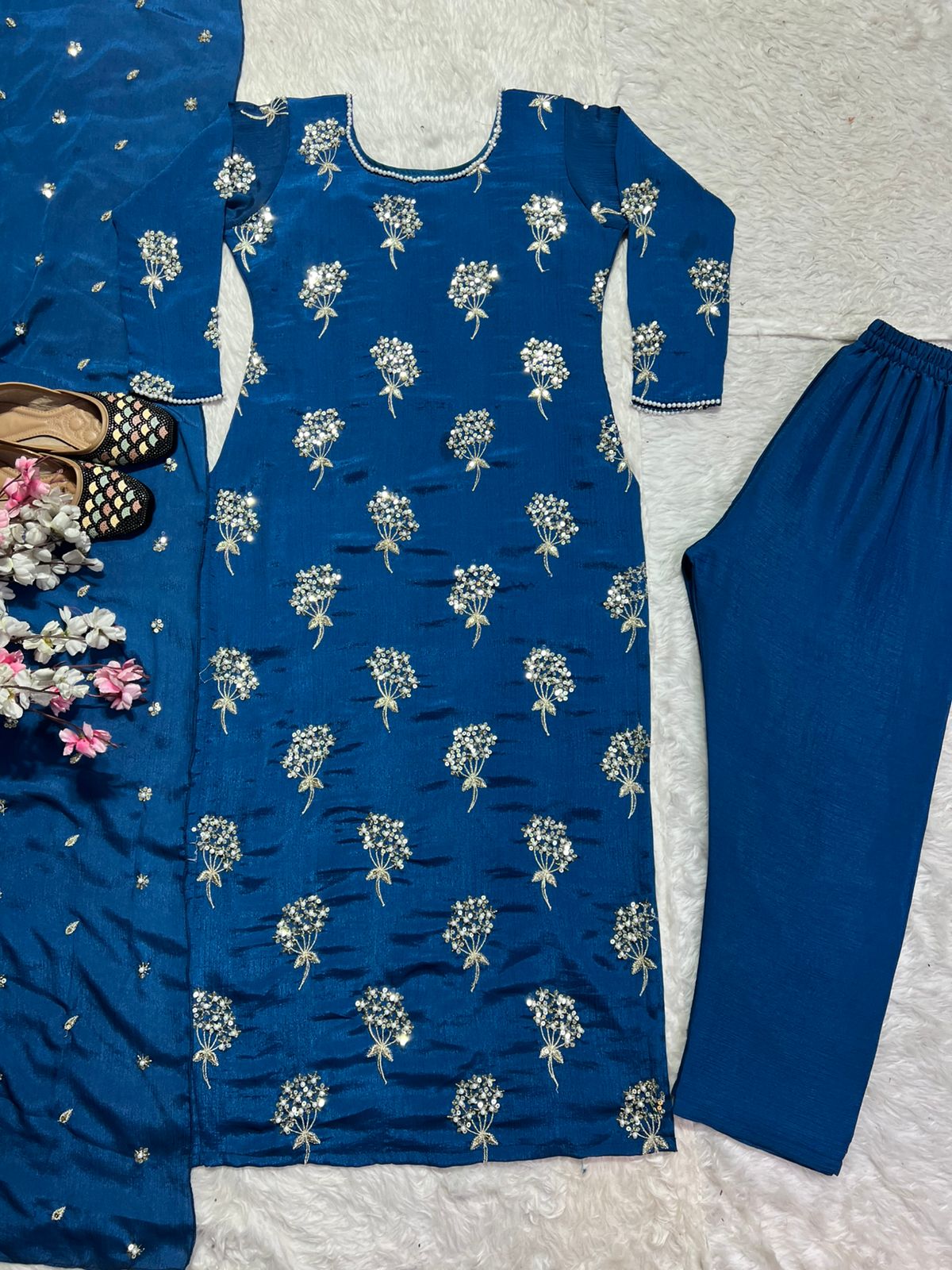 Charming Embroidery 5mm Sequence Work Blue Color Sharara Suit