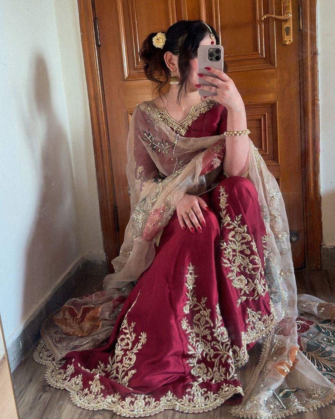 Unique Chinon Embroidery Work Red Color Sharara Suit