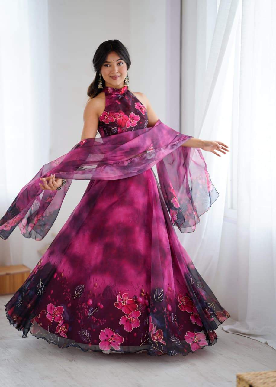 Admiring Pink Color Digital Printed Organza Work Lehenga