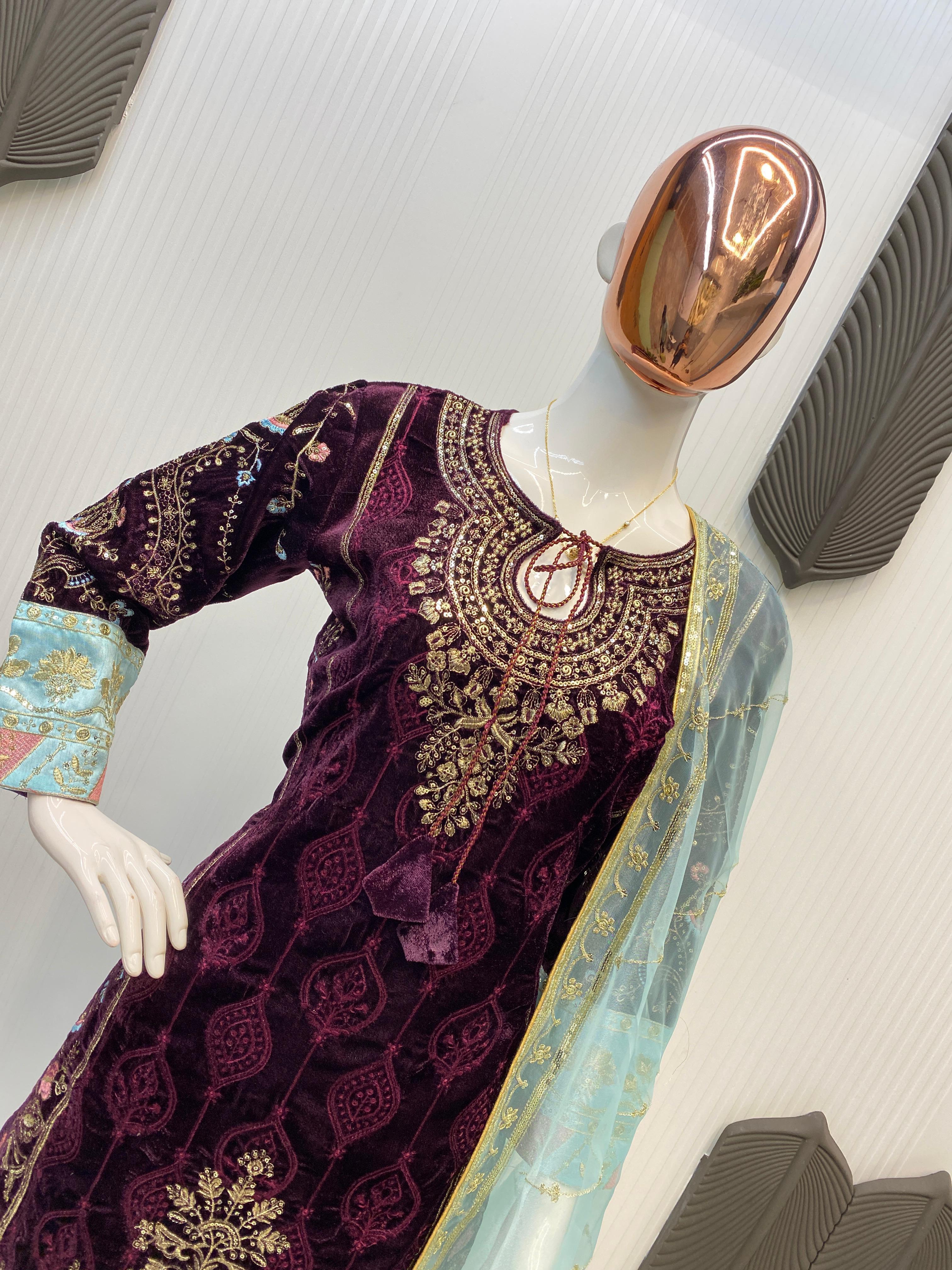 Wonderful Velvet Embroidery Work Purple Color Salwar Suit