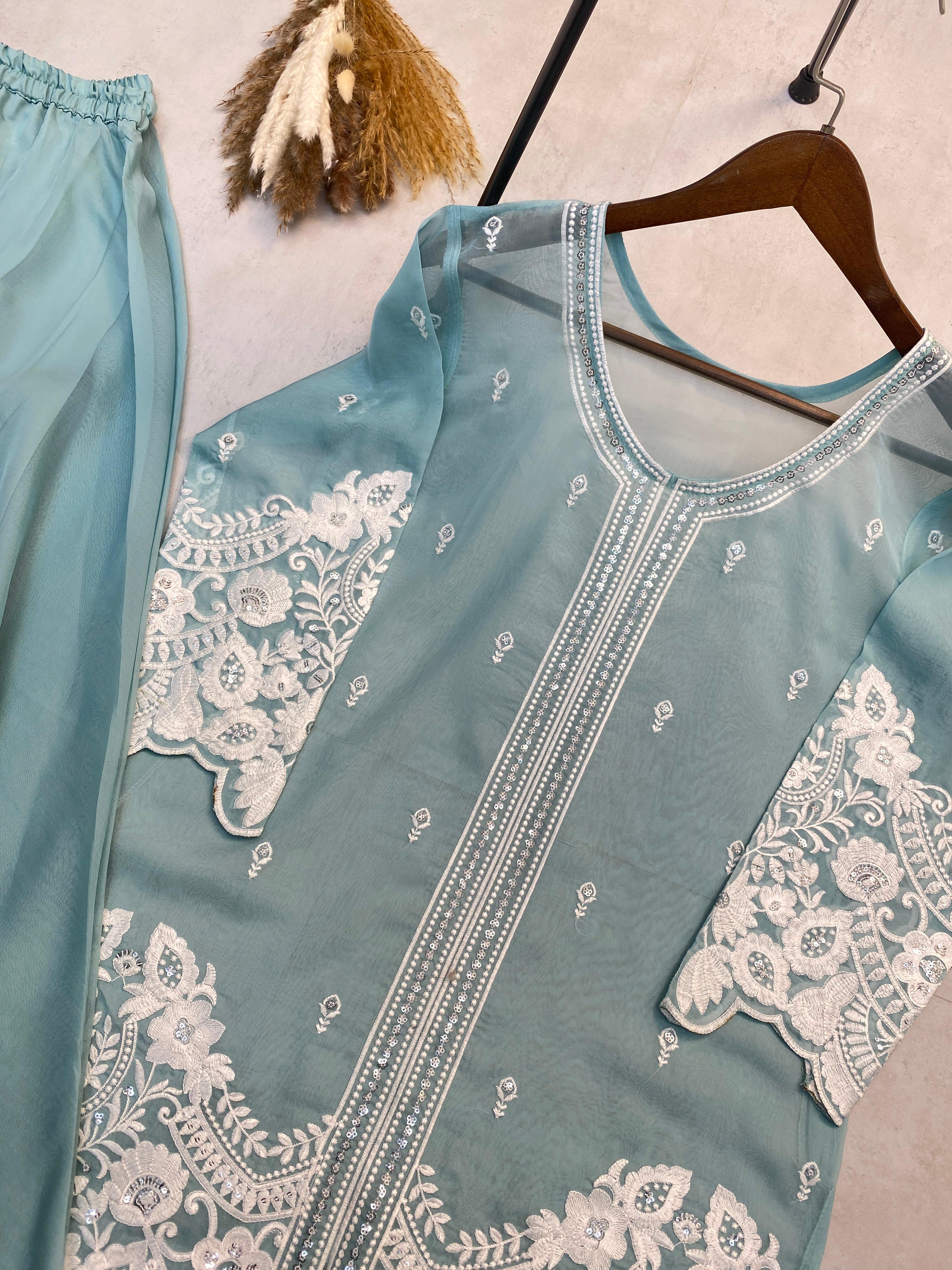 Glimmering Sequence Embroidery Work Sky Blue Color Palazzo Suit