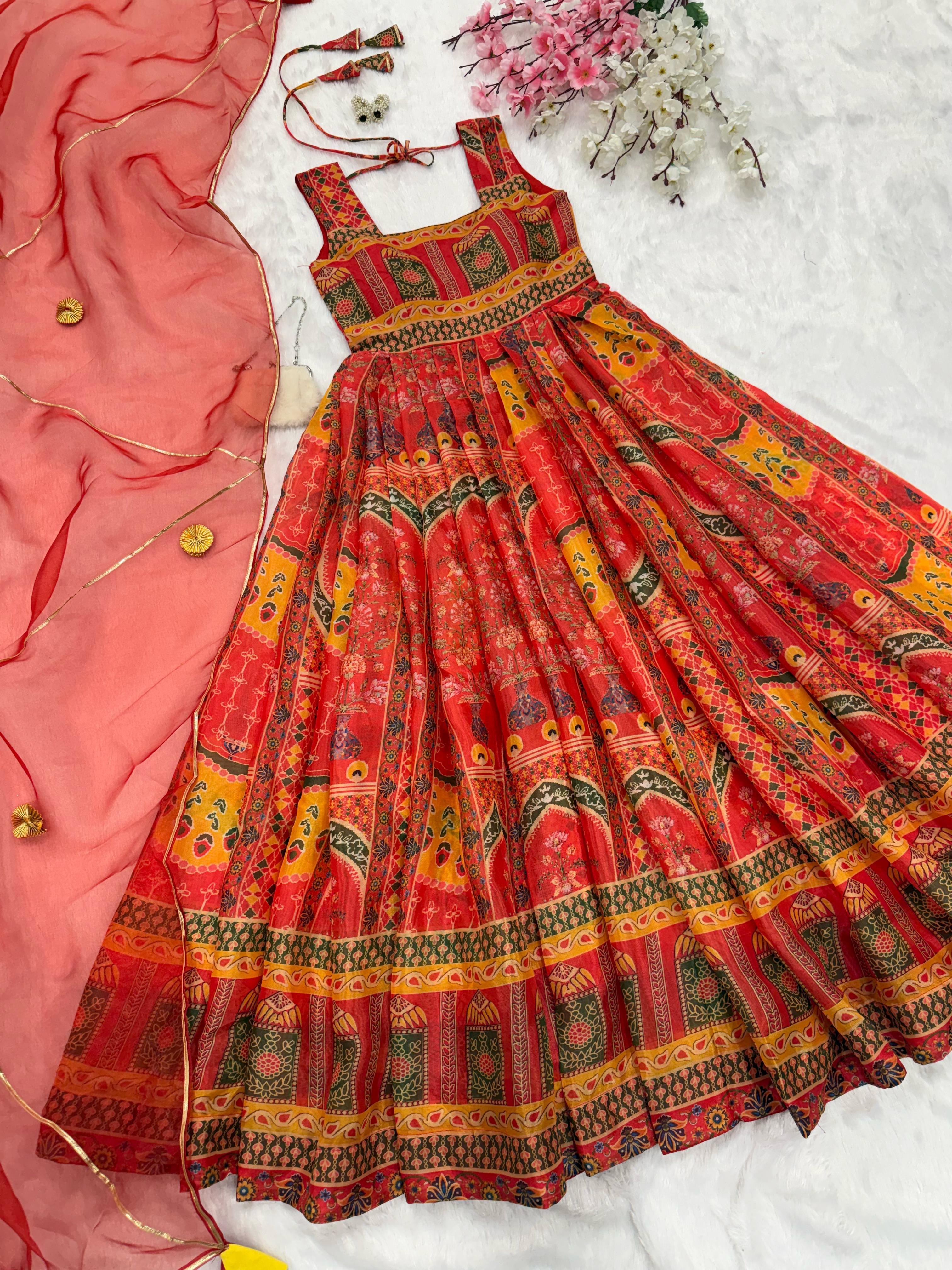 Alluring Red Organza Printed Anarkali Gown