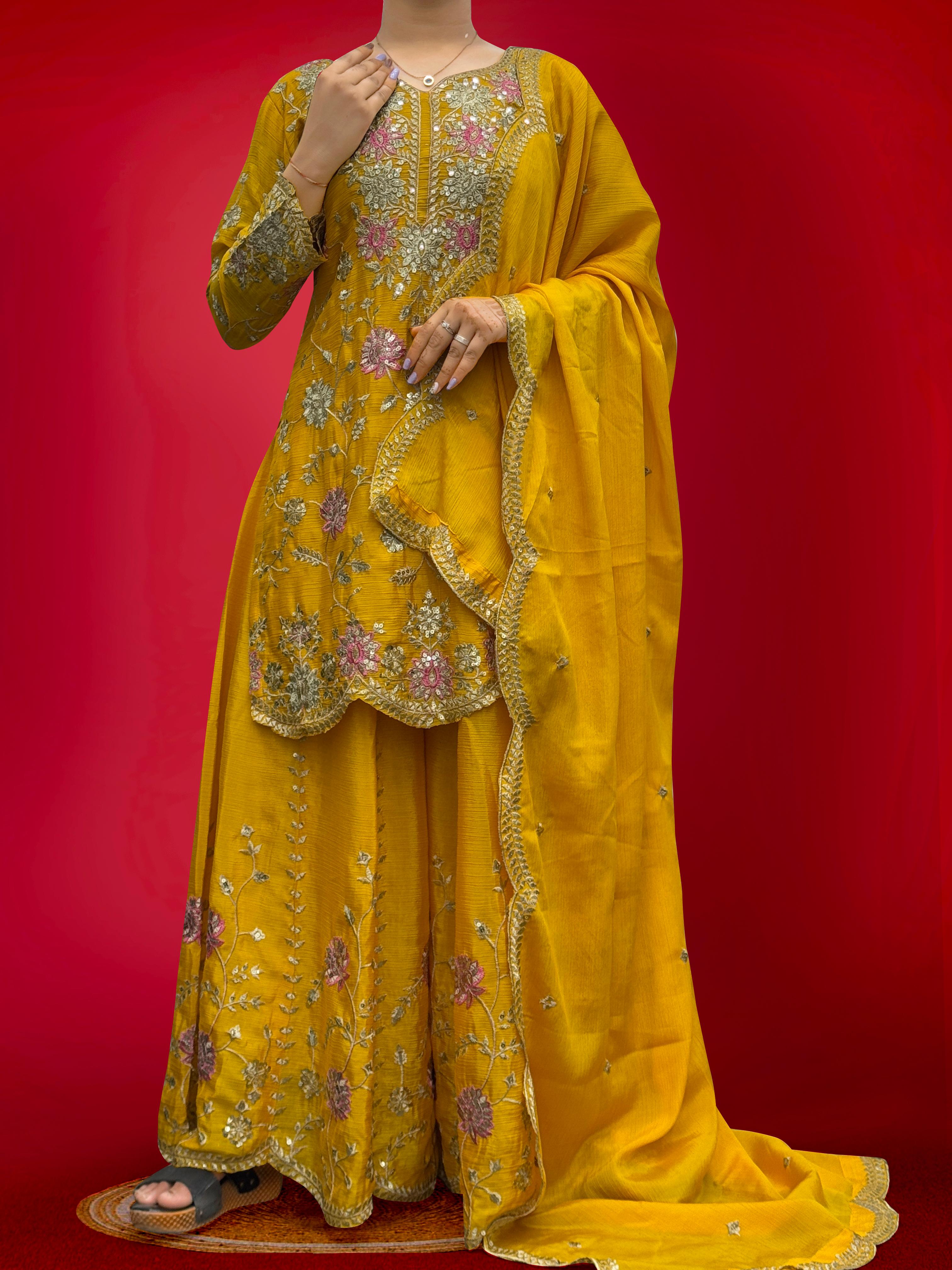 Outstanding Sequence Haldi Wear Yellow Color Sharara Suit