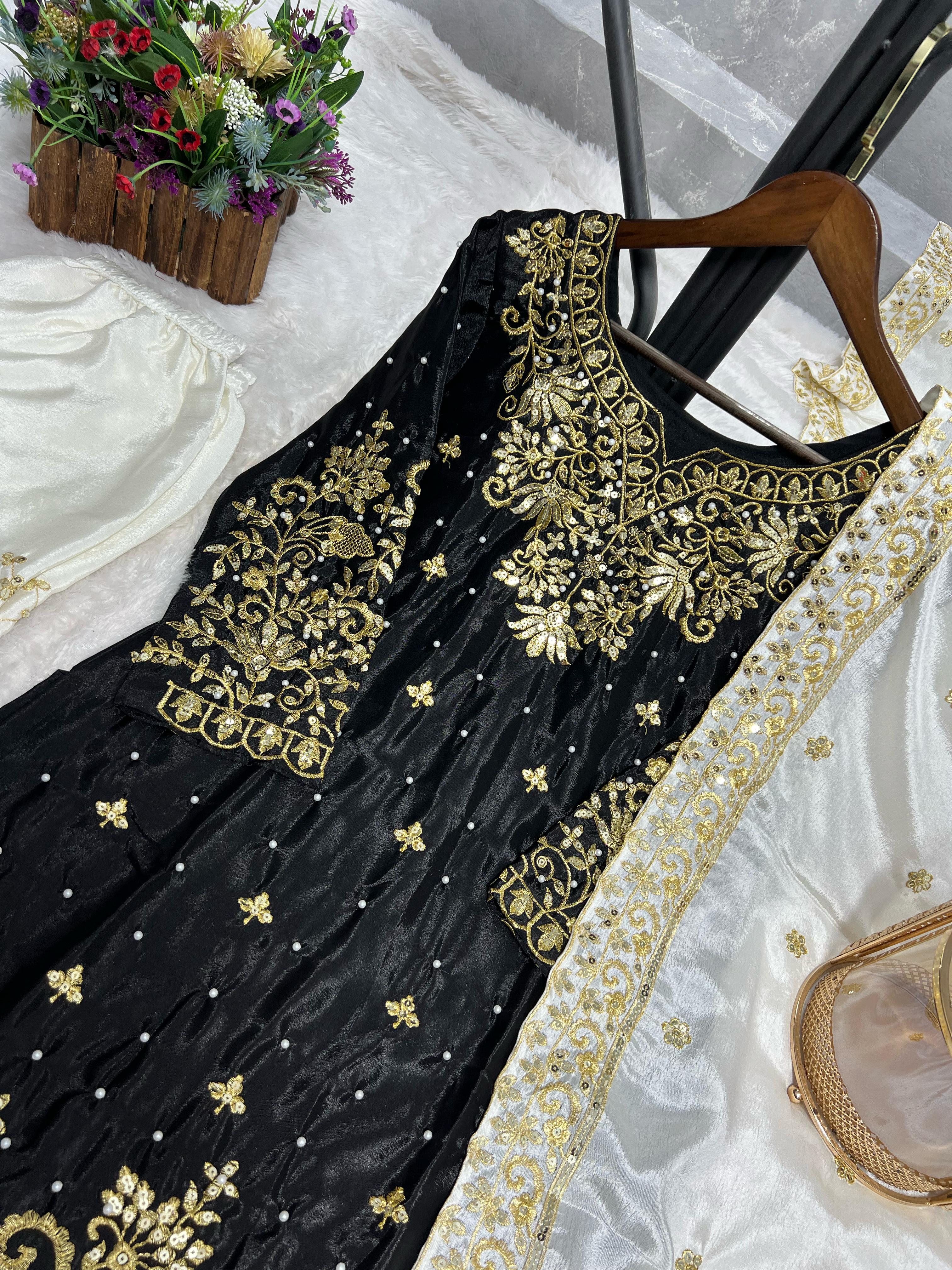 Decent Chinon Silk Black Color Palazzo Suit