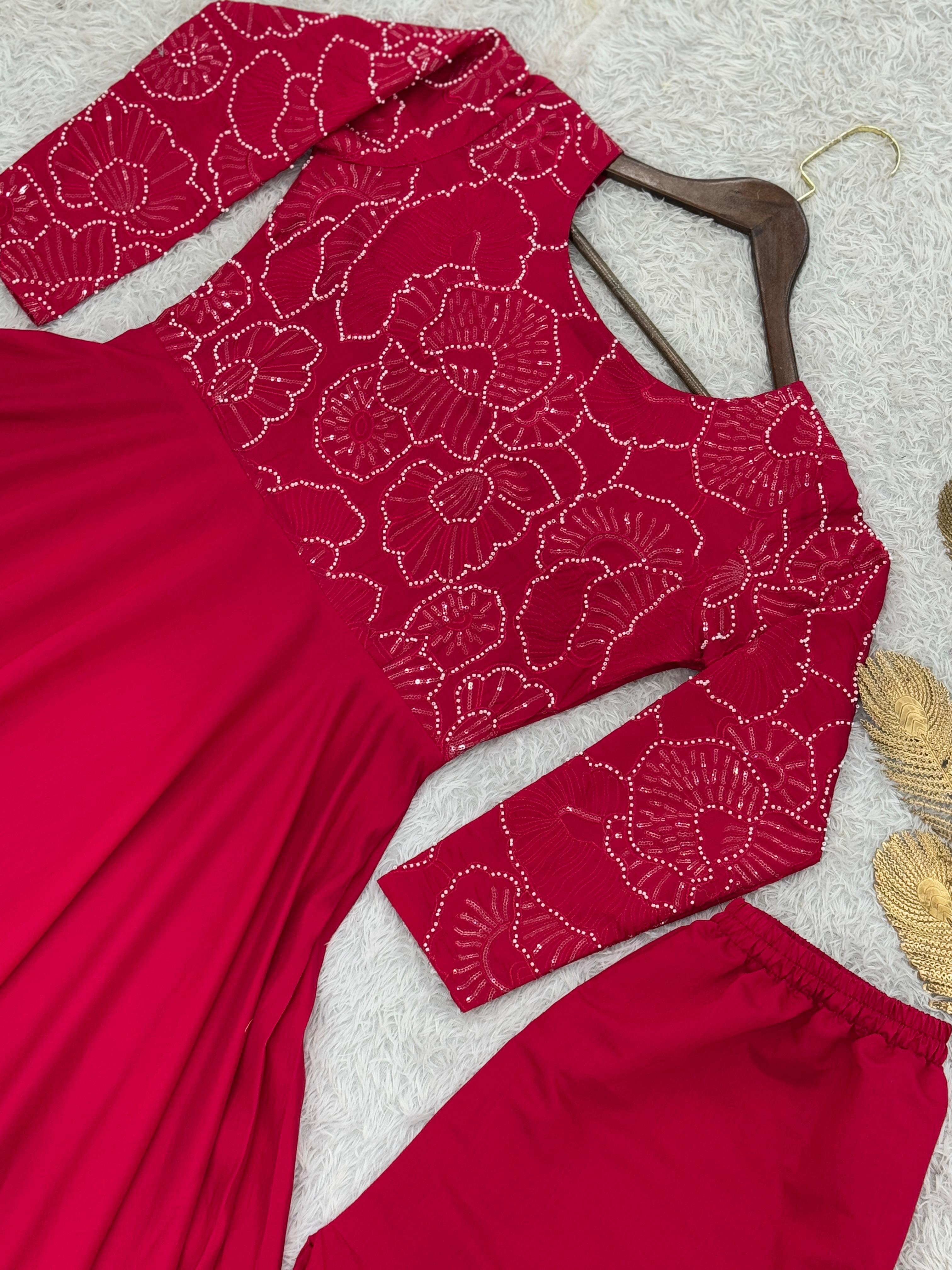 Alluring Red Roman Silk With Embroidery Work Gown