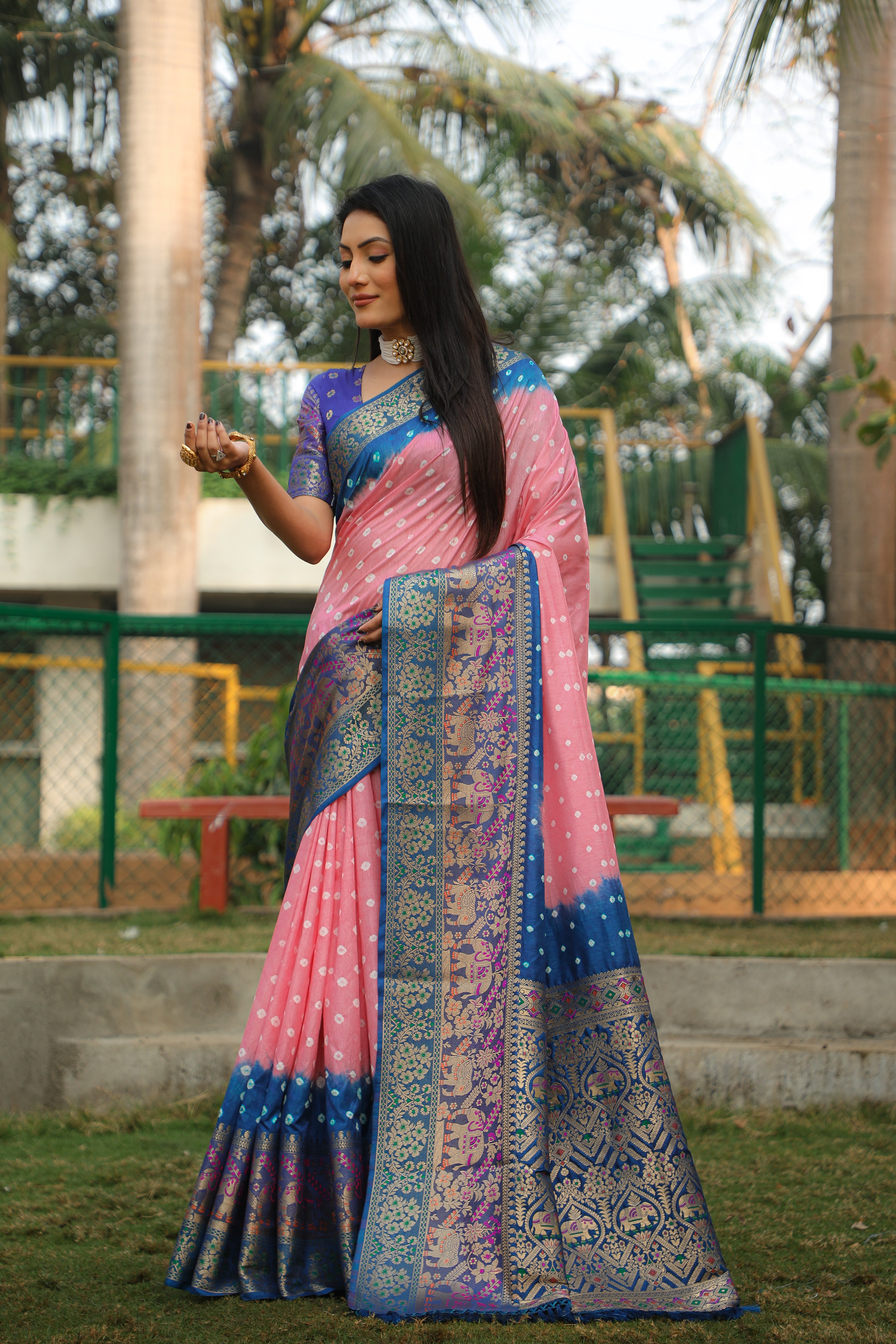 Bandhani Print Blue With Peach Zari Weaving Silk Saree