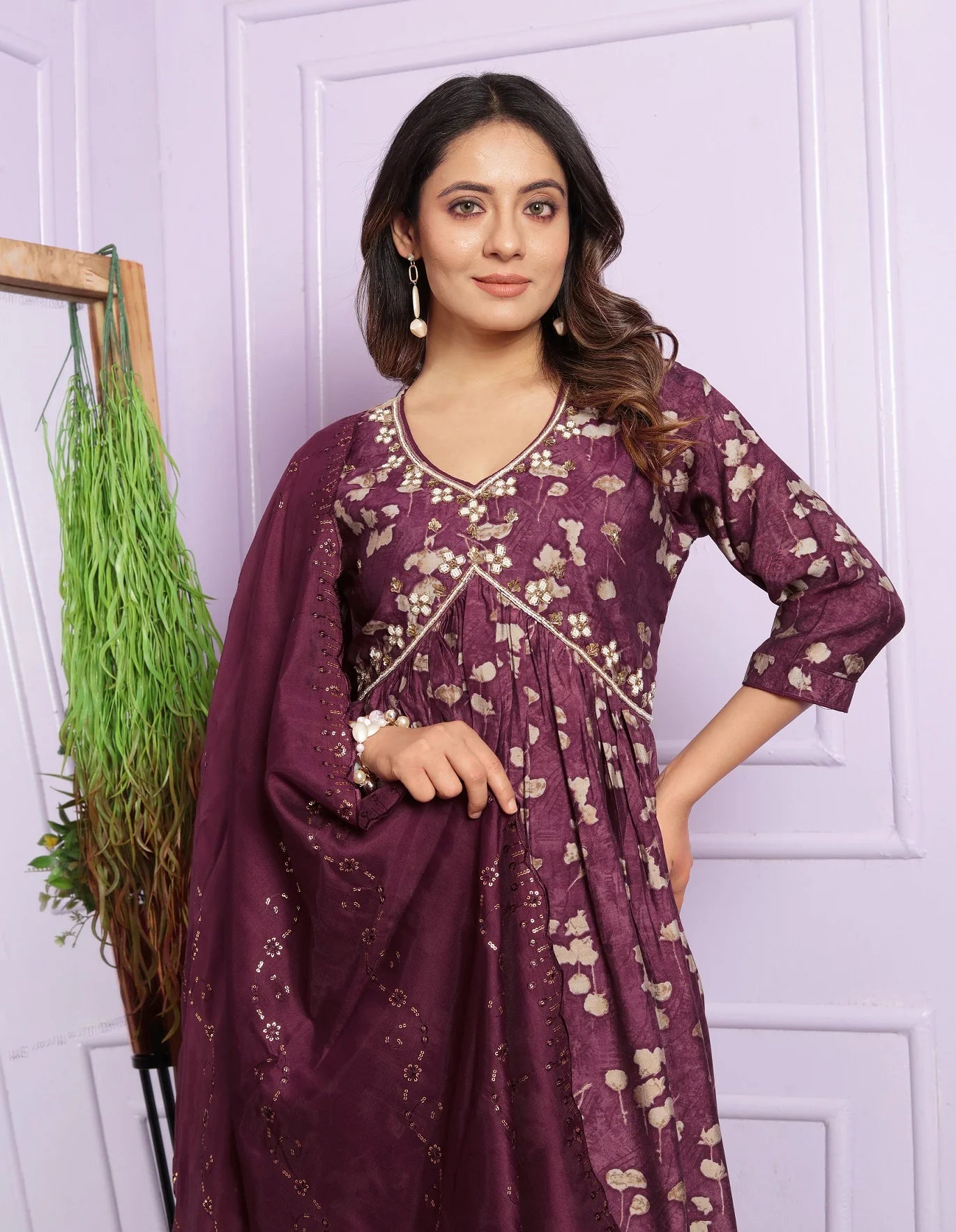 Ravishing Wine Color Aalia Cut Kurta Set With Dupatta