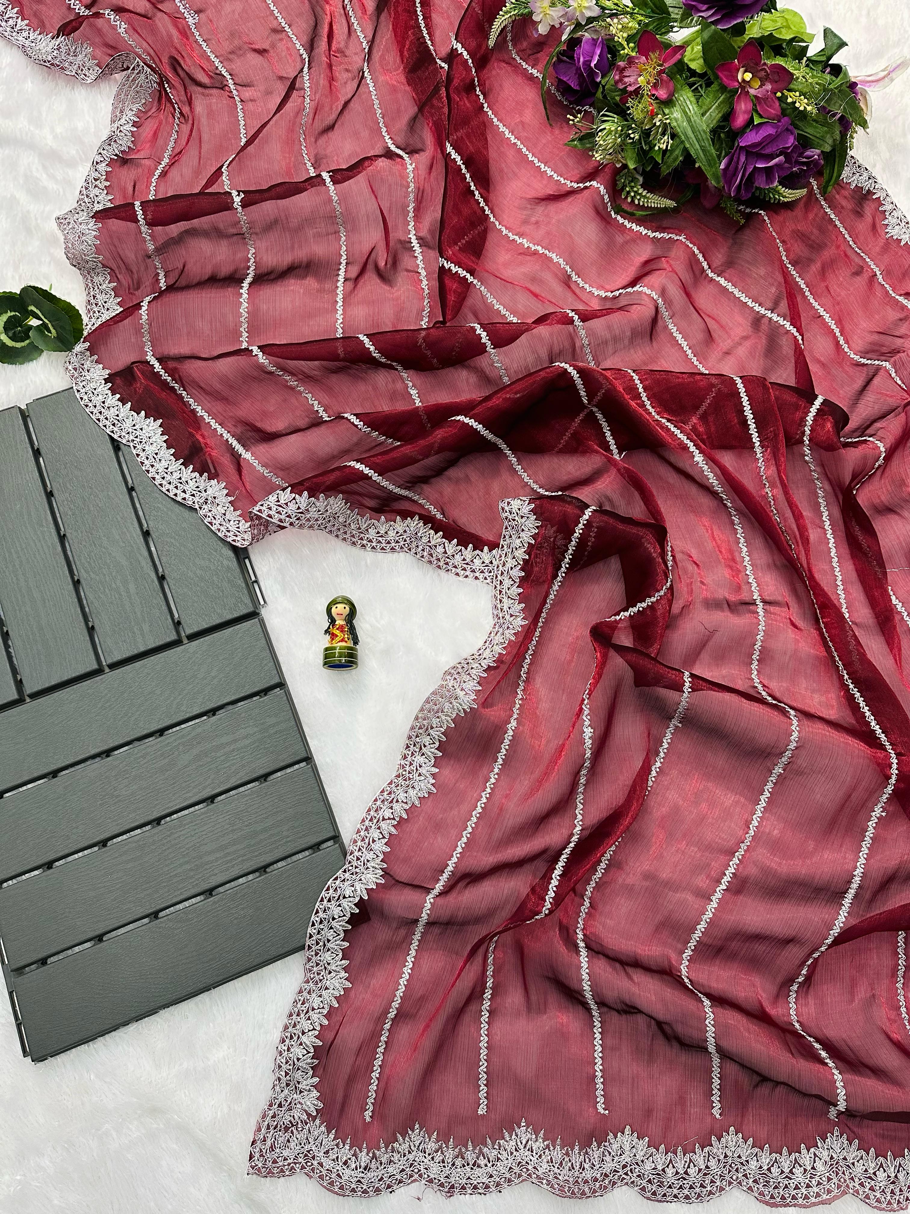 Peaceful Embroidery Zari Work Maroon Color Saree