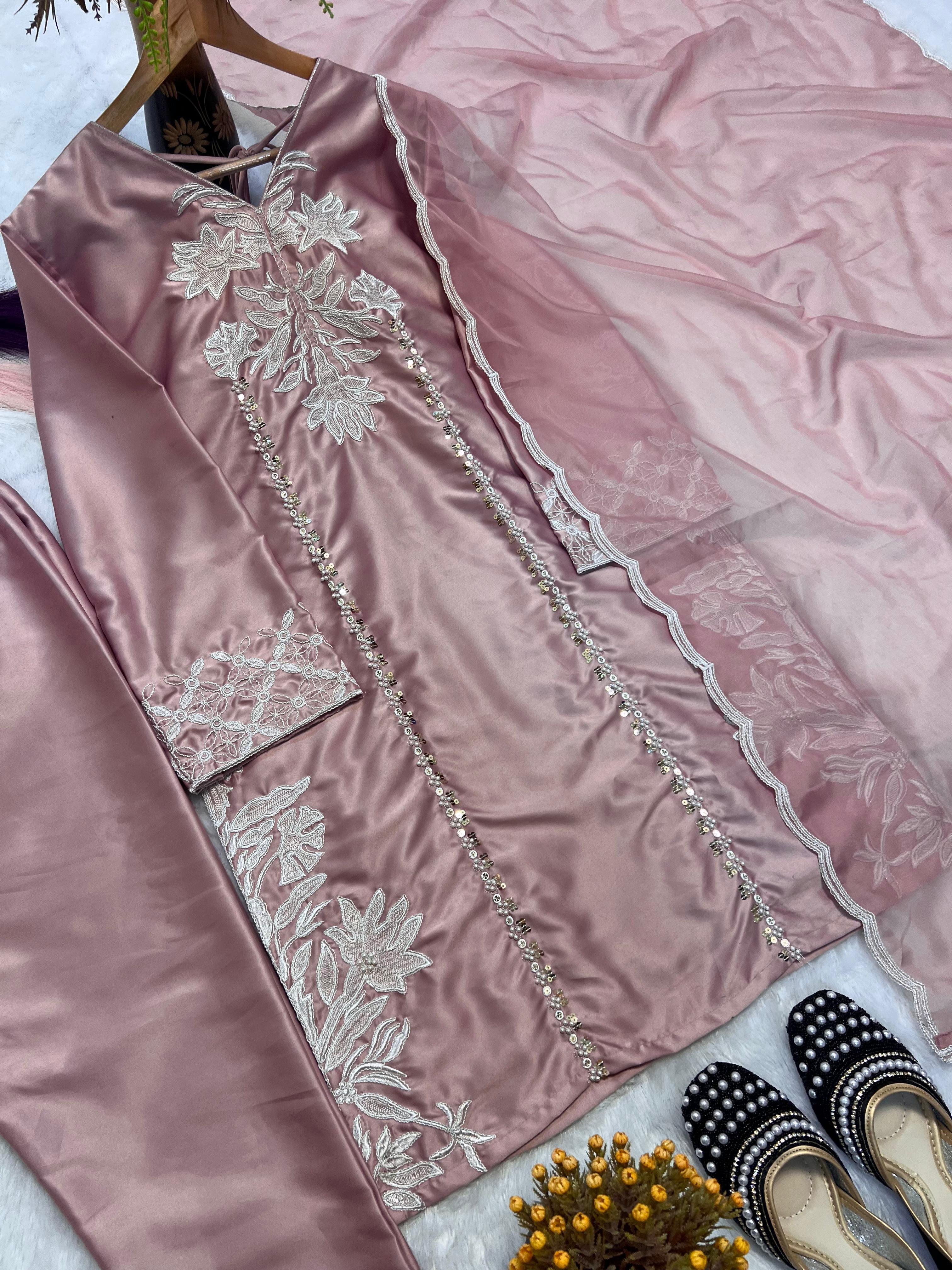 Alluring Pink Color Sequence Work Palazzo Suit