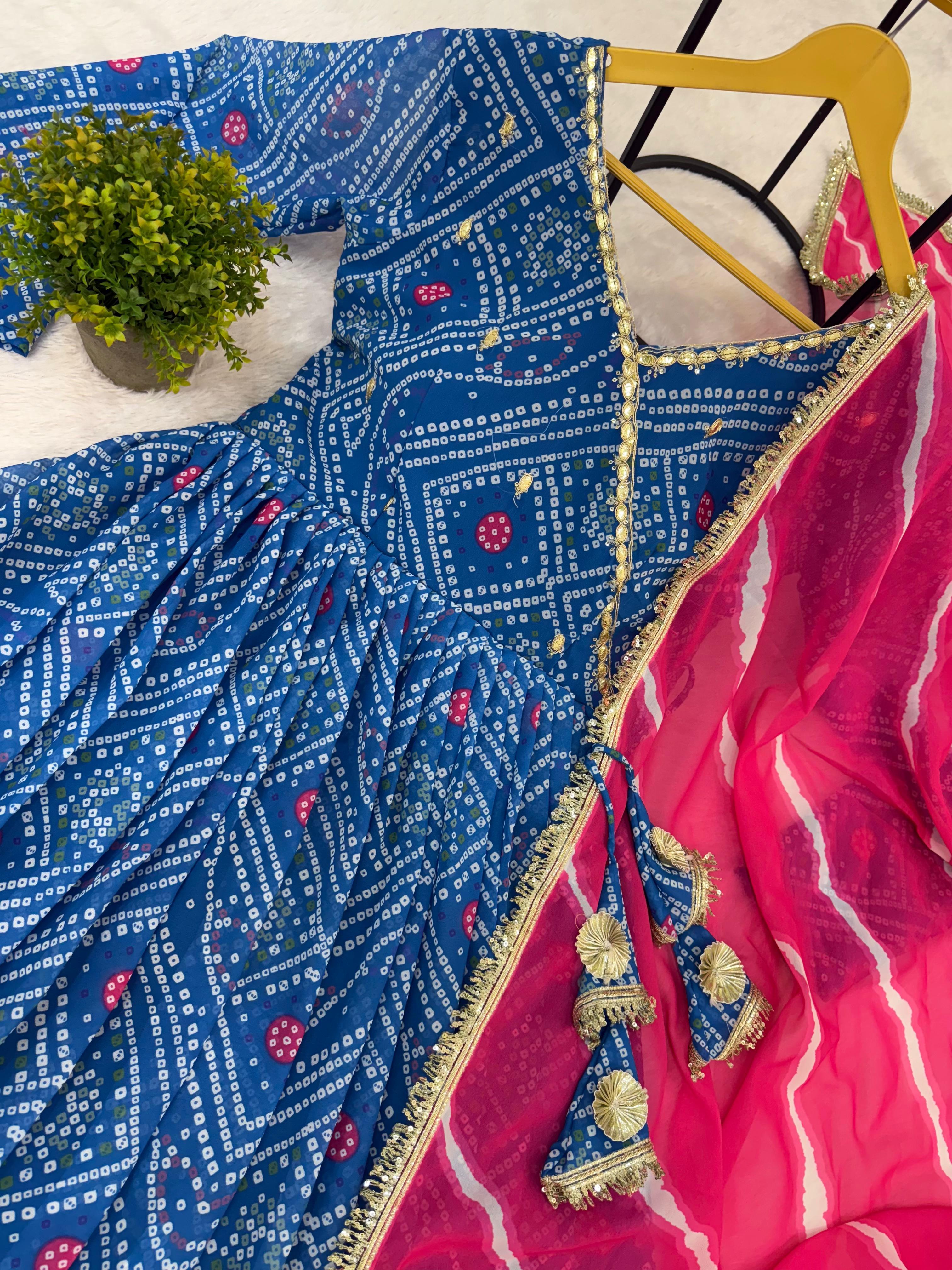 Admiring Blue Georgette Embroidery Work Gown