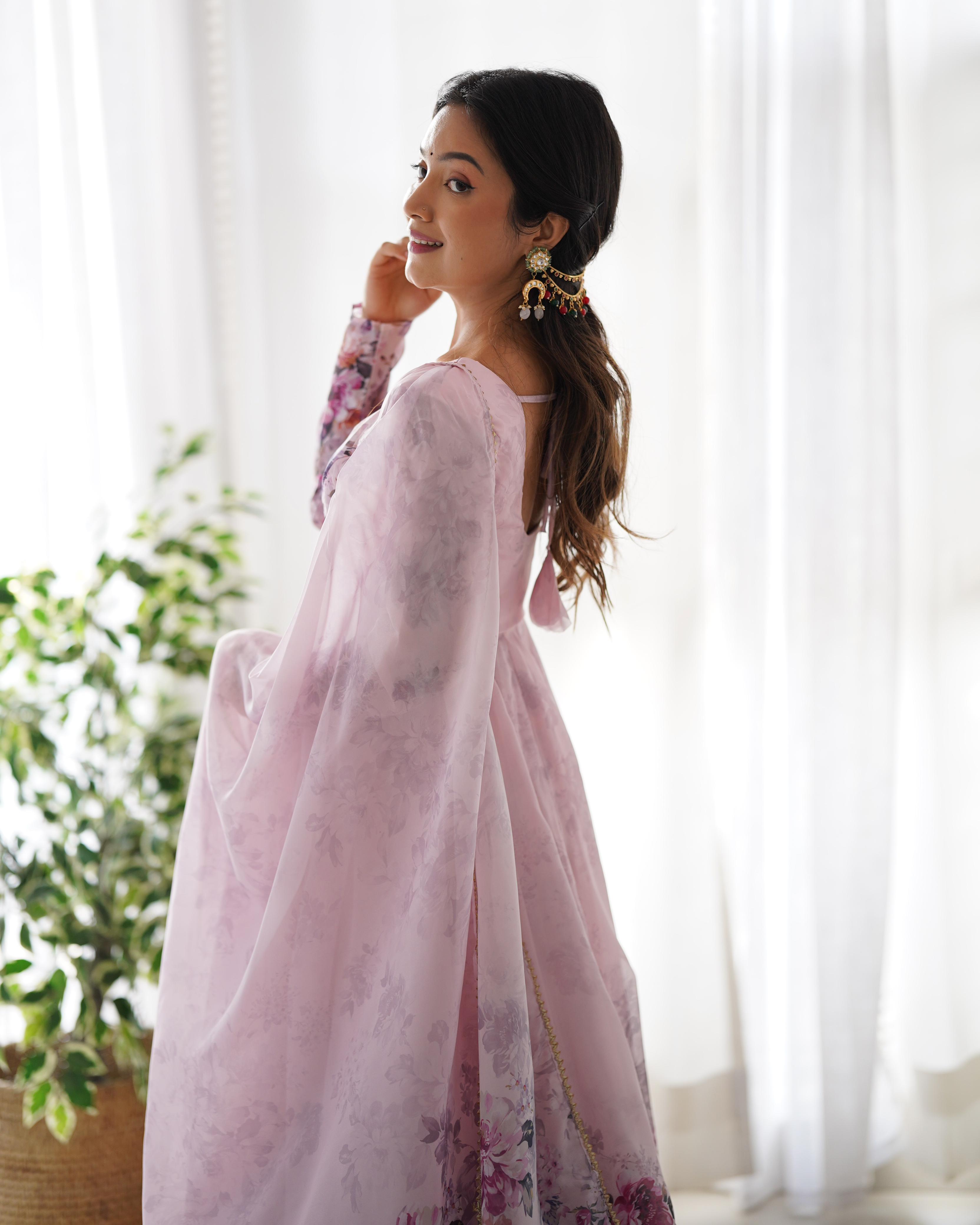 Casual Wear Multi Flower Print Light Pink Color Anarkali Suit