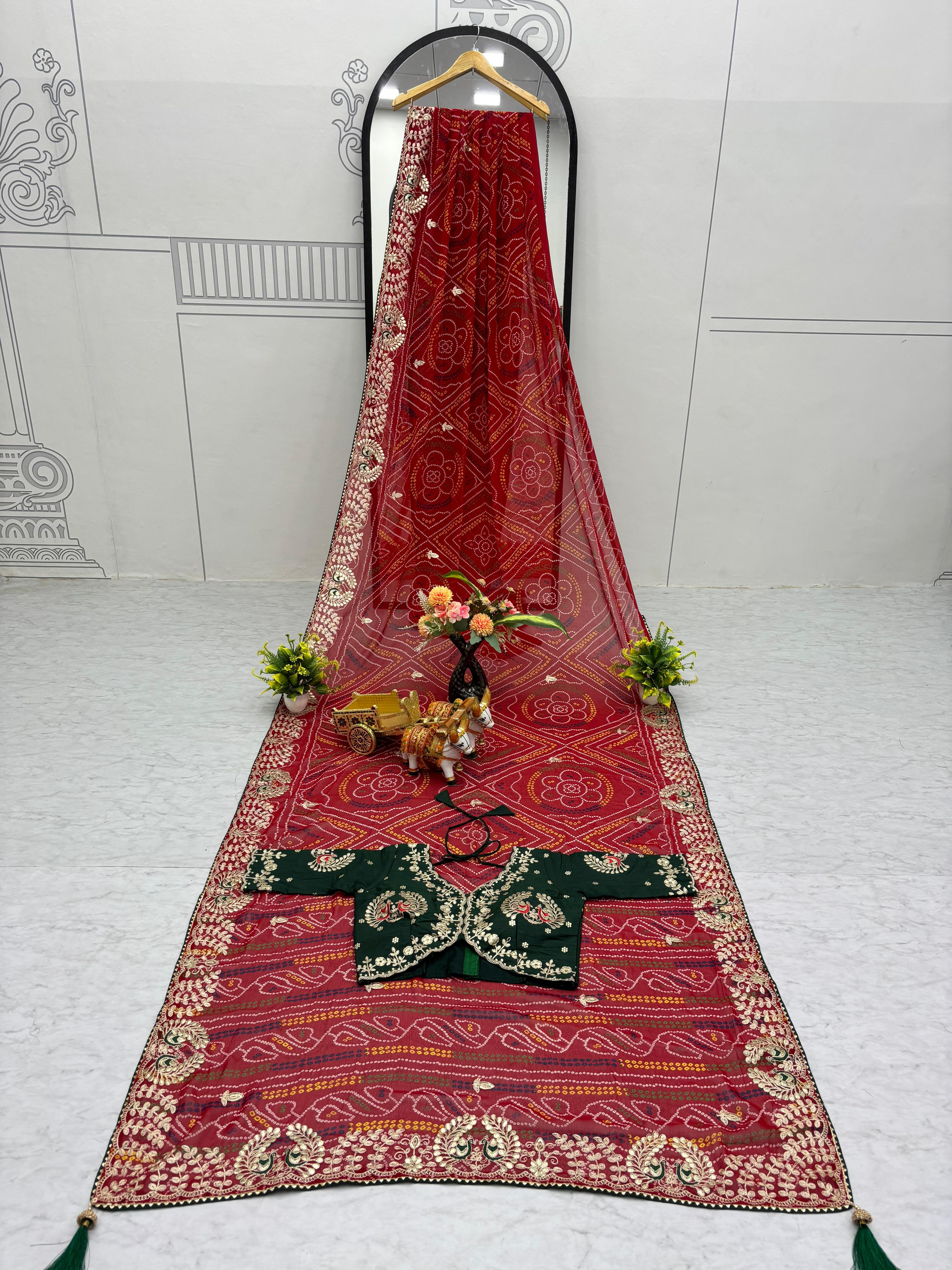 Red Color Bandhani Printed Occasion Wear Saree
